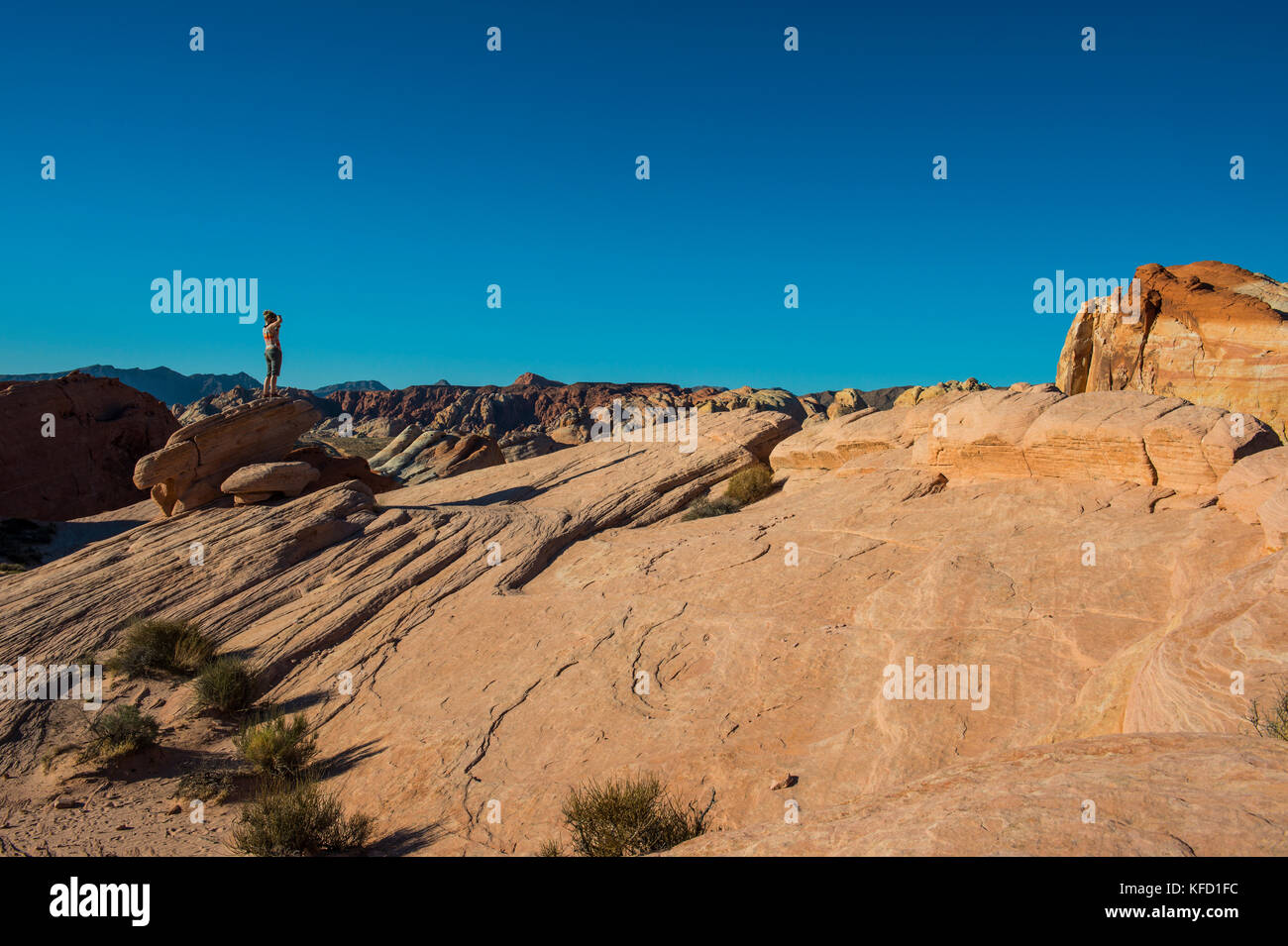 Woman looking at the spectacular redrock sandstone formations in the Valley of fire state park, Nevada, USA Stock Photo