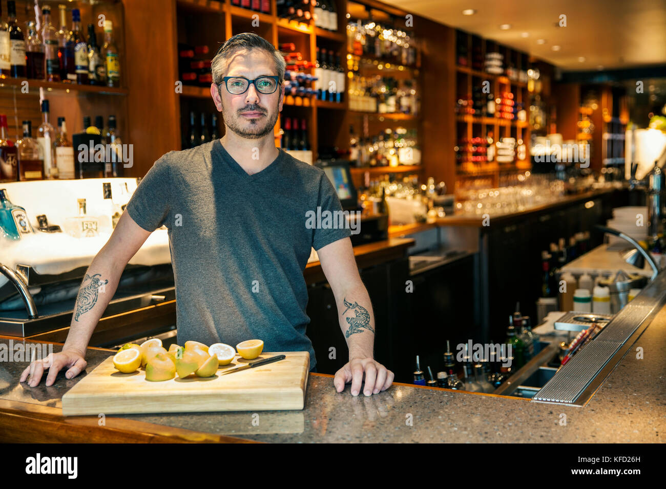 CANADA, Vancouver, British Columbia, bartender at the Blue Water Cafe Restaurant in Yaletown Stock Photo
