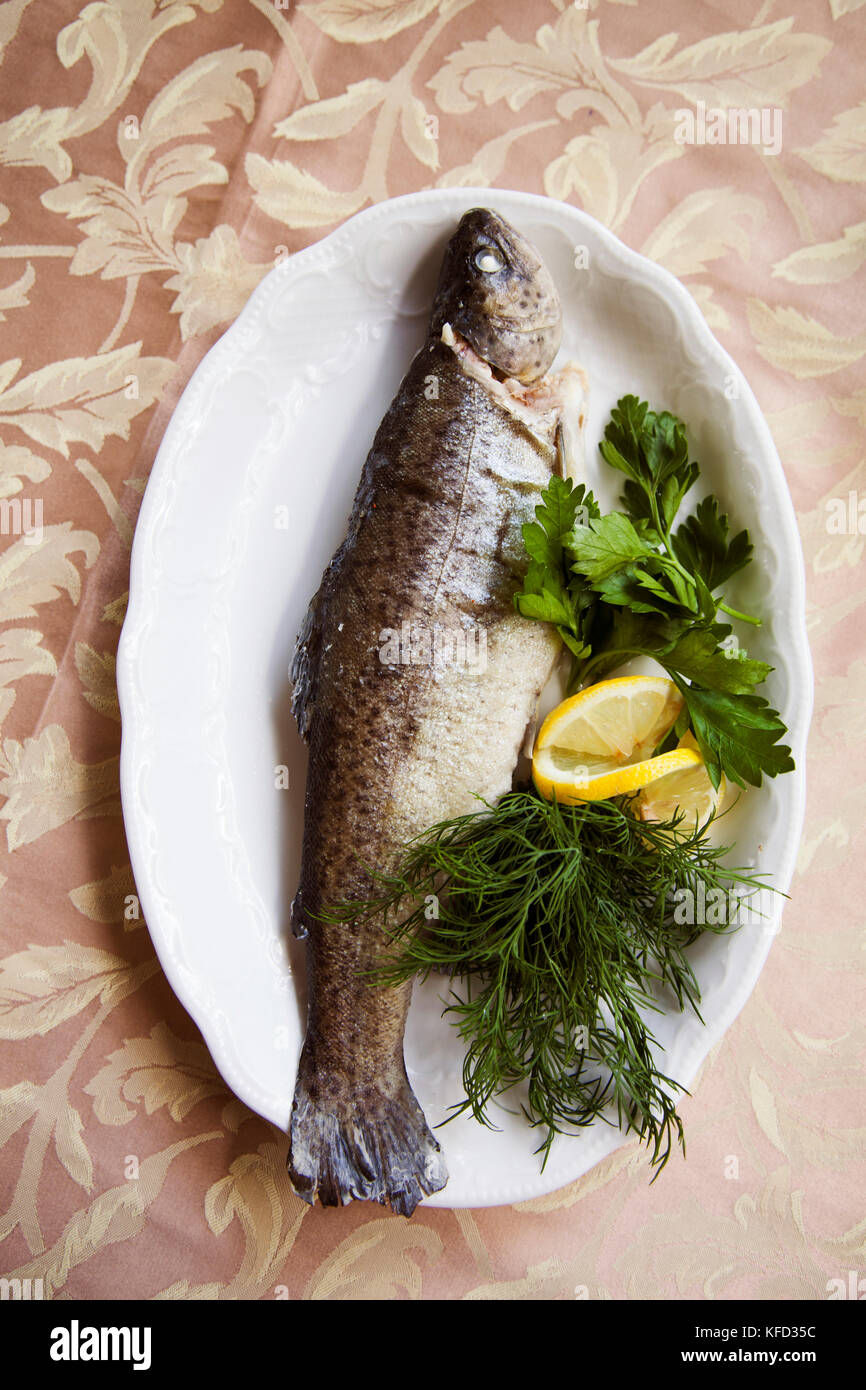 RUSSIA, Moscow. A fish dish at Gladiator Restaurant. Stock Photo