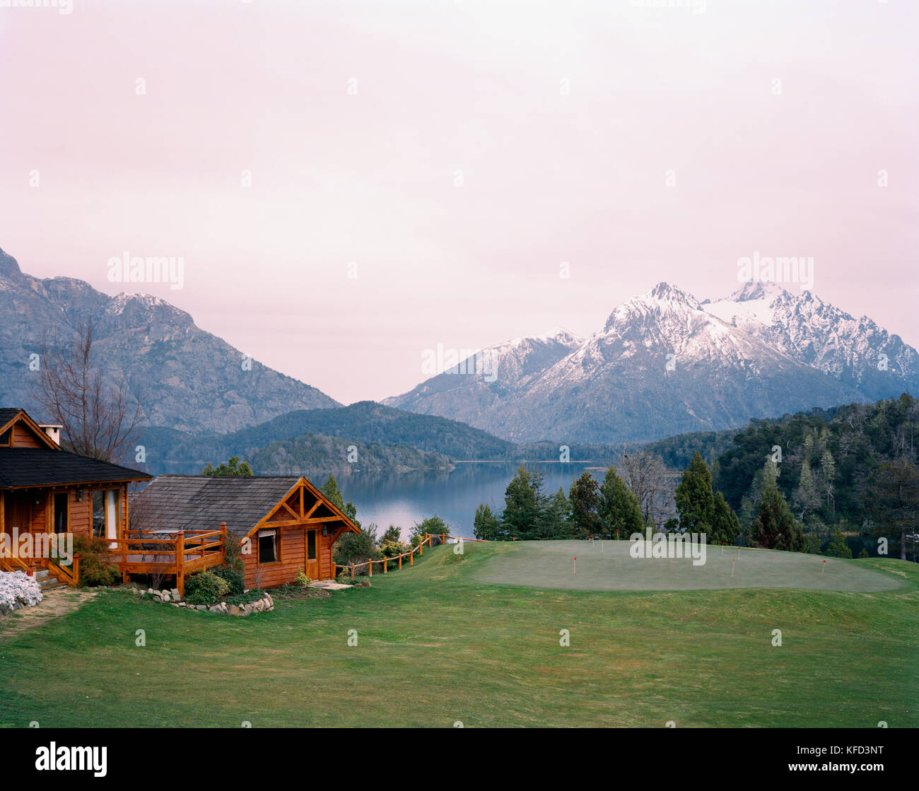 ARGENTINA, Patagonia, Llao Llao Hotel in Nahuel Huapi National Park against snow covered mountains Stock Photo