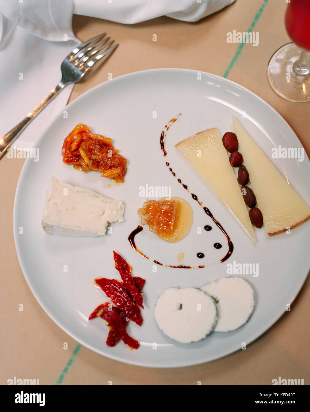 USA, California, Los Angeles, top view of cheese plate at Comme Ca Restaurant. Stock Photo