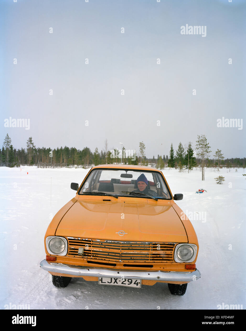 FINLAND, Rovaniemi, man sitting in a vintage car Stock Photo