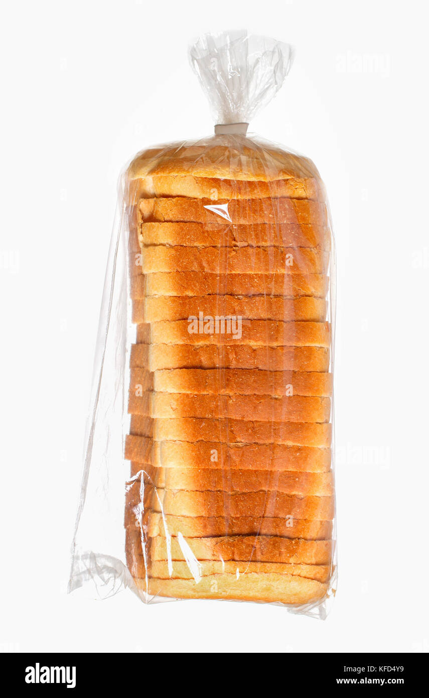 Sliced bread in a plastic bag on white surface Stock Photo Alamy