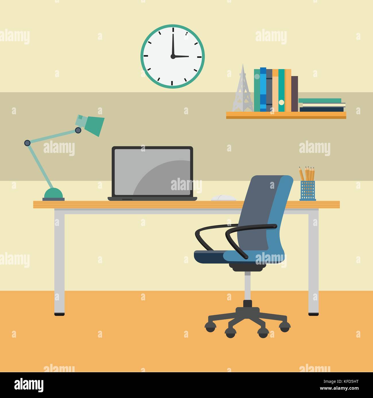 Home Office working Desk, interior workplace. Laptop on desk near chair, Clock, book shelf-Vector Flat Design Illustration. Stock Vector