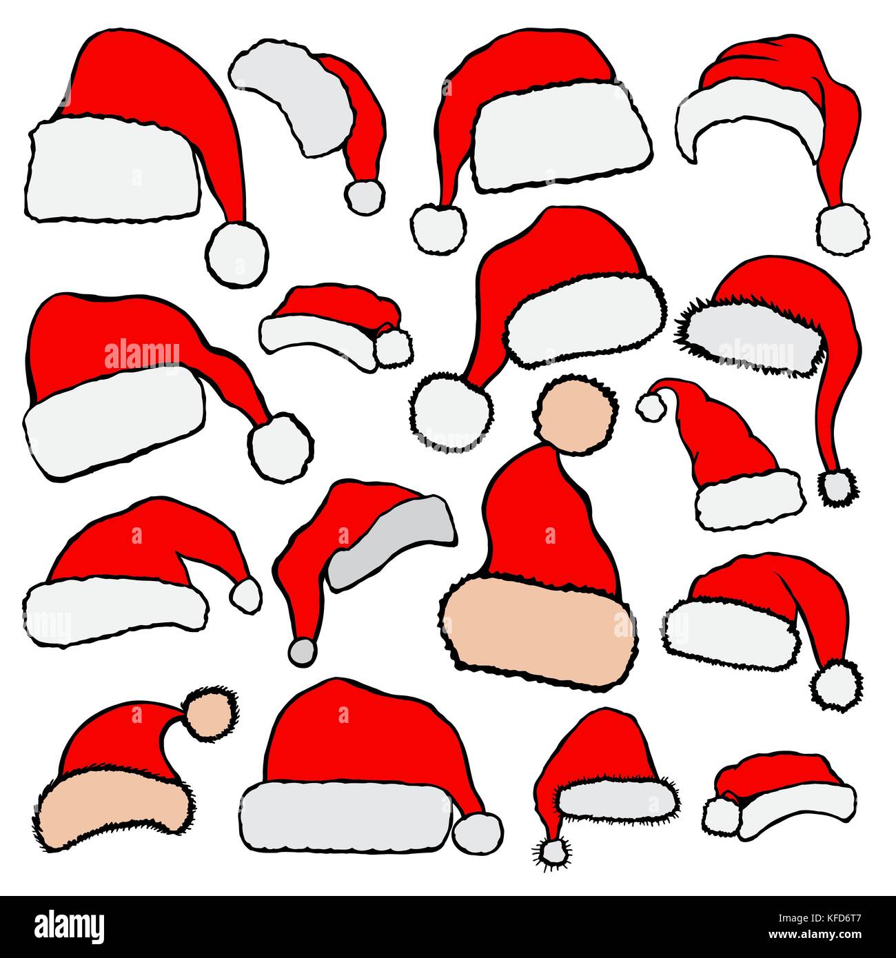vector santa red hats, big set isolared on white background Stock Vector