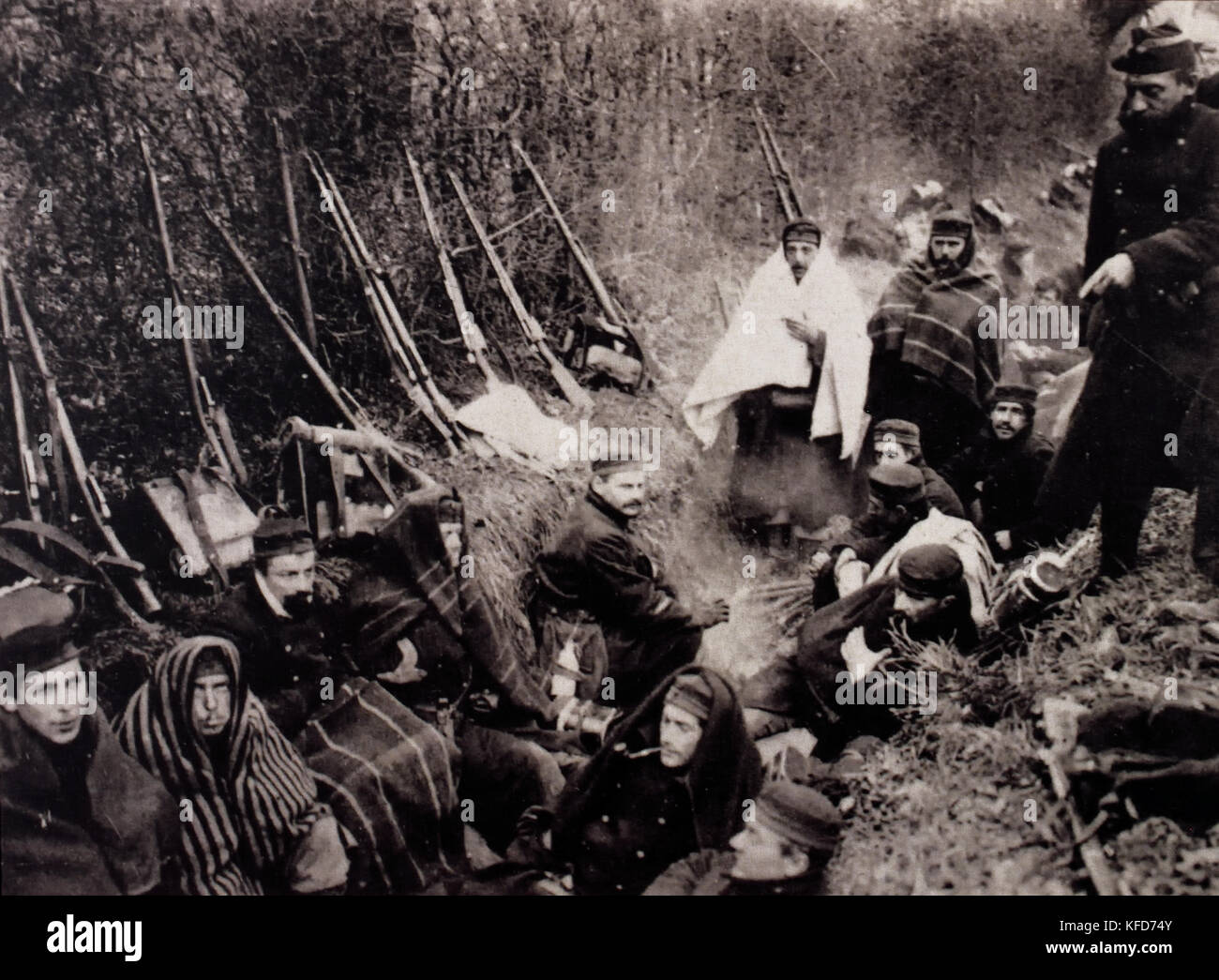 Belgian soldier group entrenched in a ditch near Ypres, Belgium 1914 . France World War I - First World War, The Great War, 28 July 1914 to 11 November 1918. Stock Photo