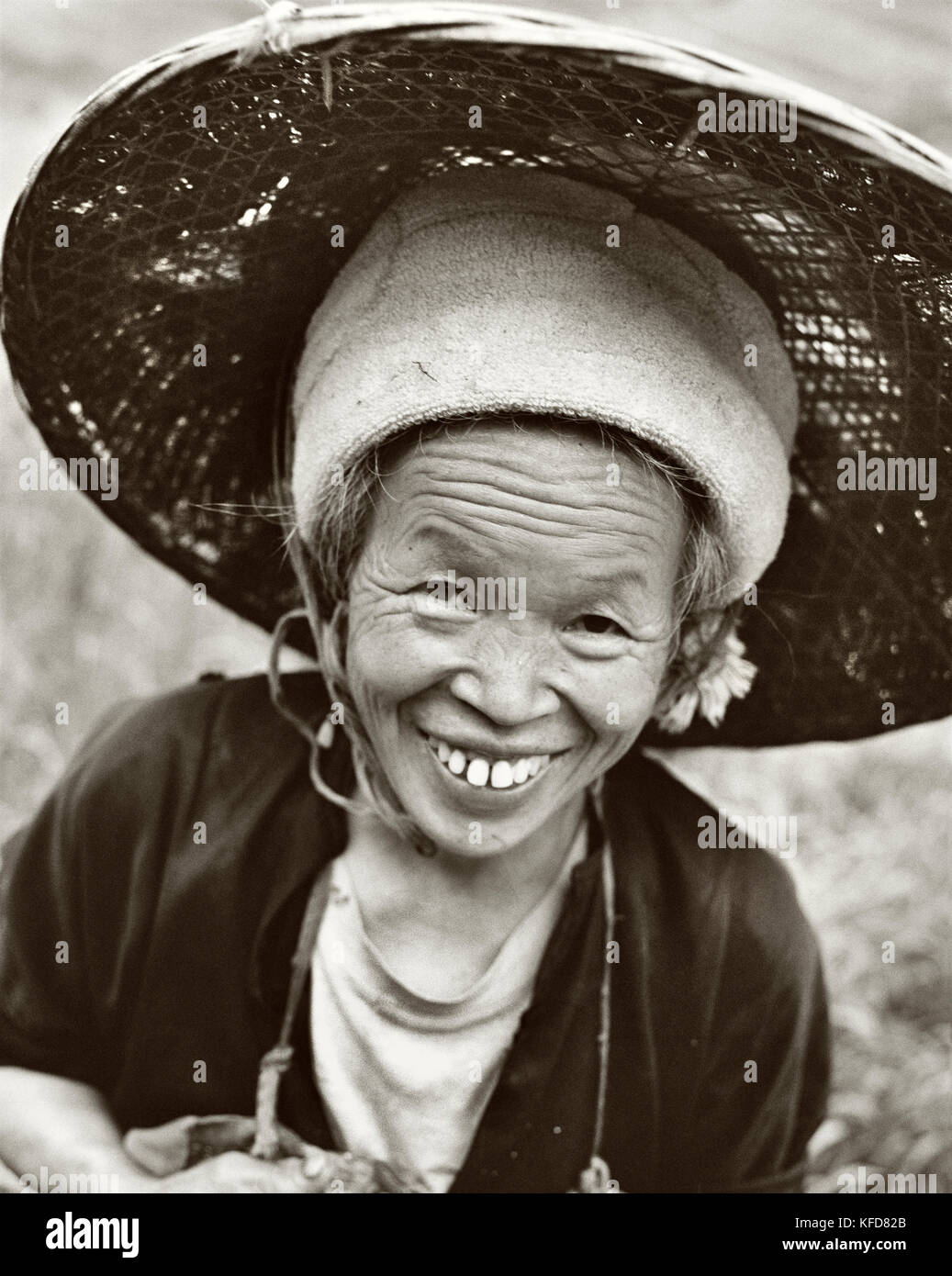 CHINA, portrait of a woman farmer at the Dragon Backbone Rice Terraces (B&W) (B&W) Stock Photo
