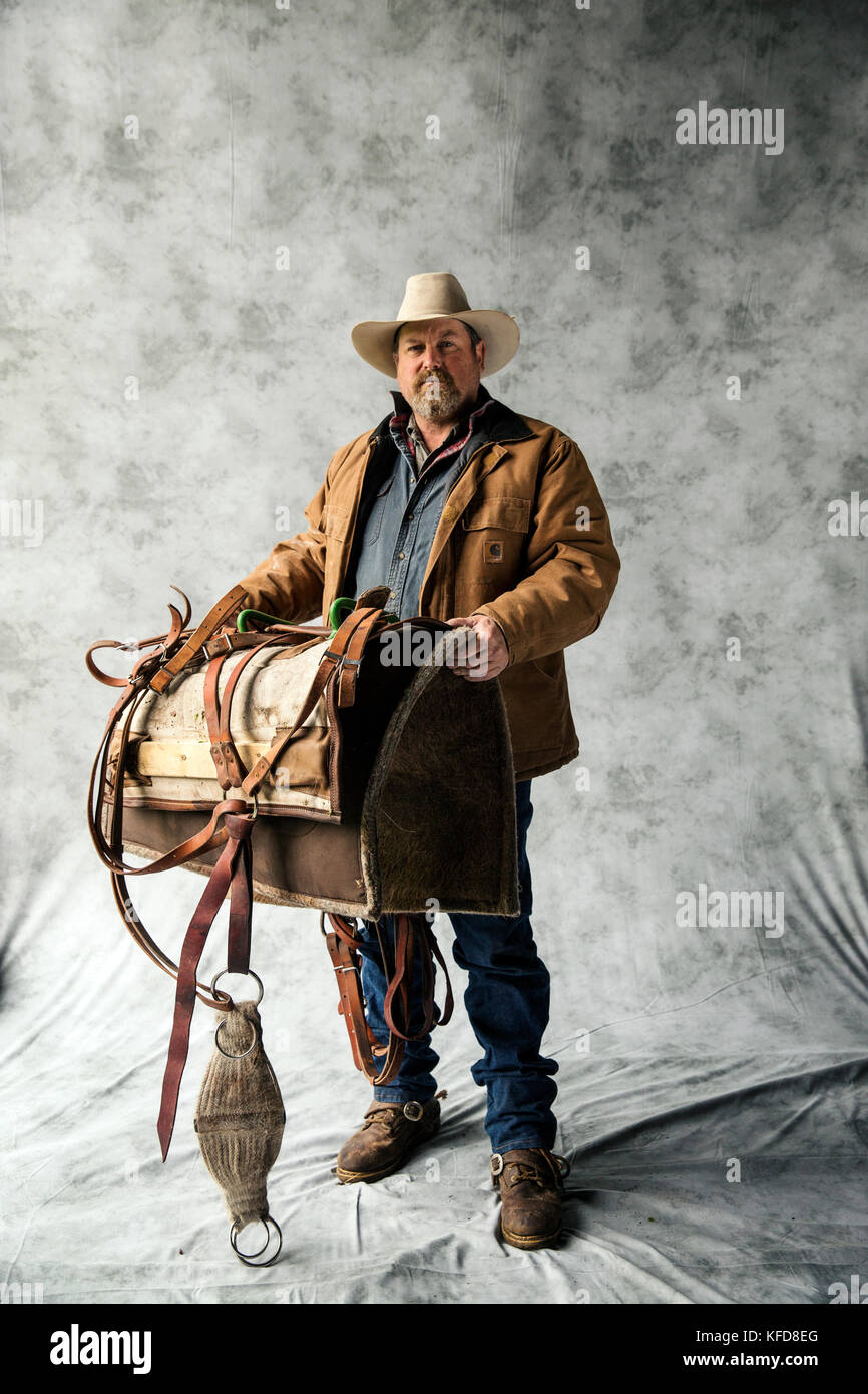 USA, Oregon, Enterprise, Portrait of Cowboy and Rancher Todd Nash at the Snyder Ranch in North East Oregon between Enterprise and Joseph Stock Photo