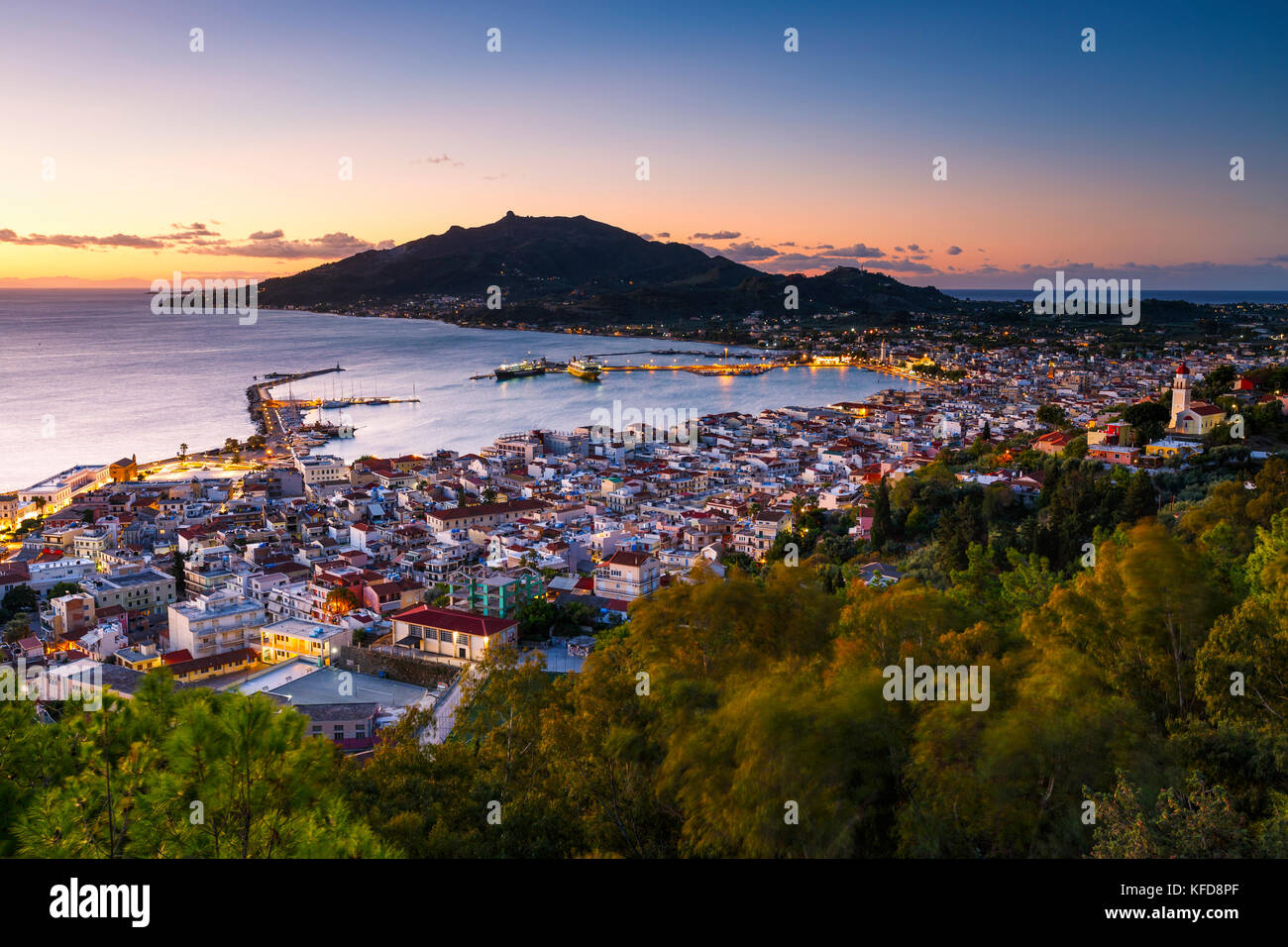 Sunrise over Zakynthos town and its harbour, Greece. Stock Photo