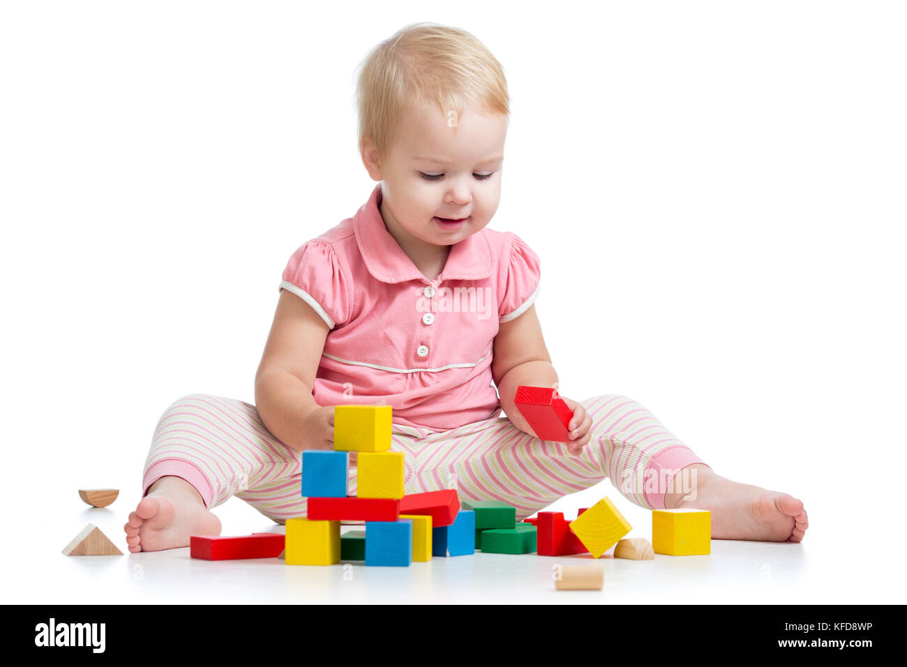 kid playing toy blocks isolated on white background Stock Photo - Alamy