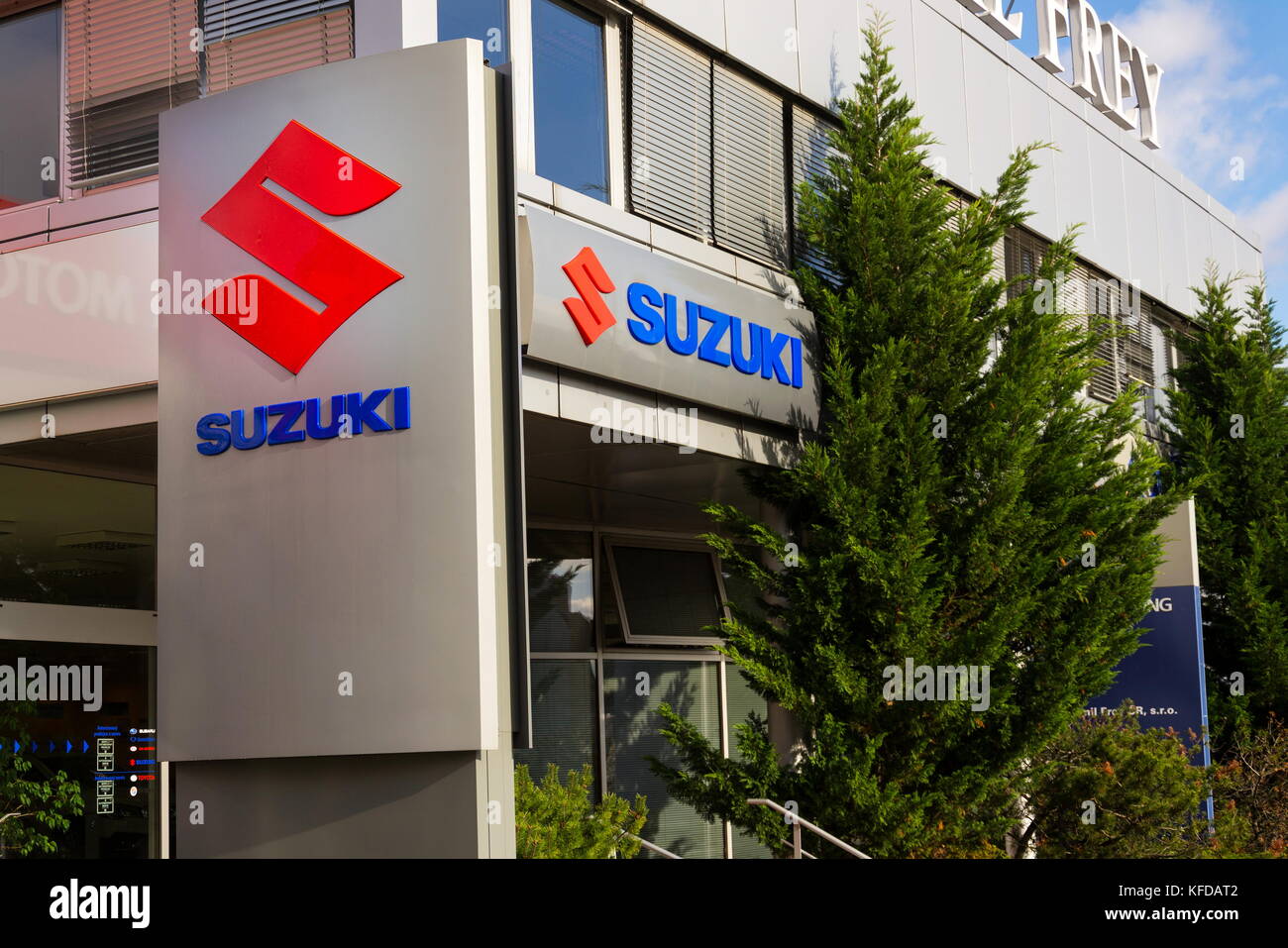 PRAGUE, CZECH REPUBLIC - OCTOBER 27: Suzuki Motor corporation logo on dealership building on October 27, 2017 in Prague. Japanese carmaker is betting  Stock Photo