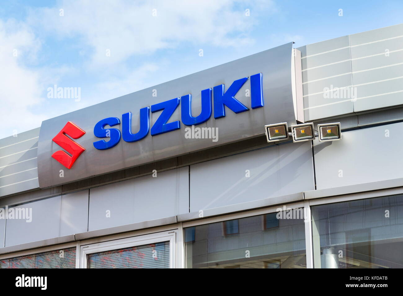 PRAGUE, CZECH REPUBLIC - OCTOBER 27: Suzuki Motor corporation logo on dealership building on October 27, 2017 in Prague. Japanese carmaker is betting  Stock Photo