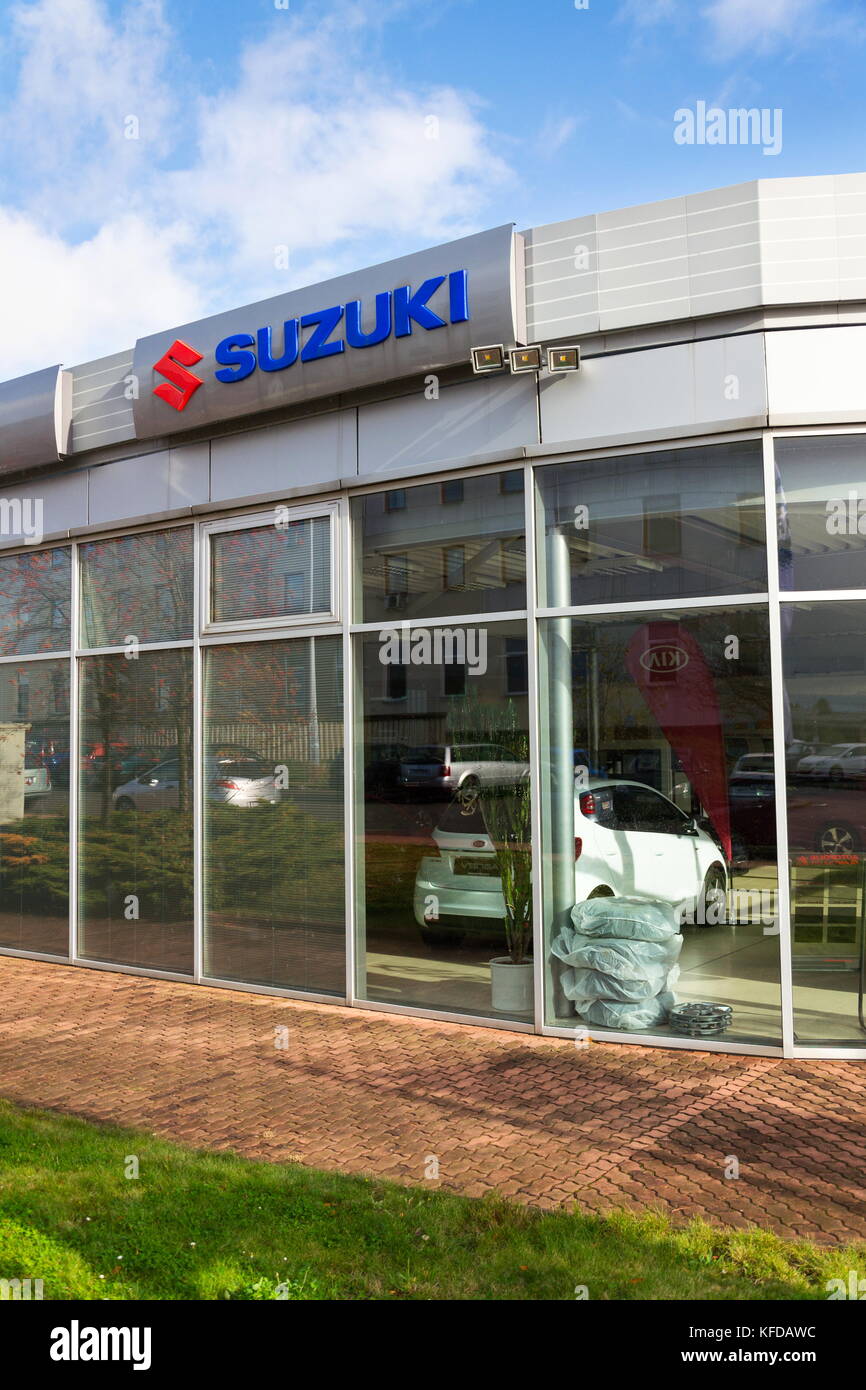 PRAGUE, CZECH REPUBLIC - OCTOBER 27: Suzuki Motor corporation logo on dealership building on October 27, 2017 in Prague. Japanese carmaker is betting  Stock Photo