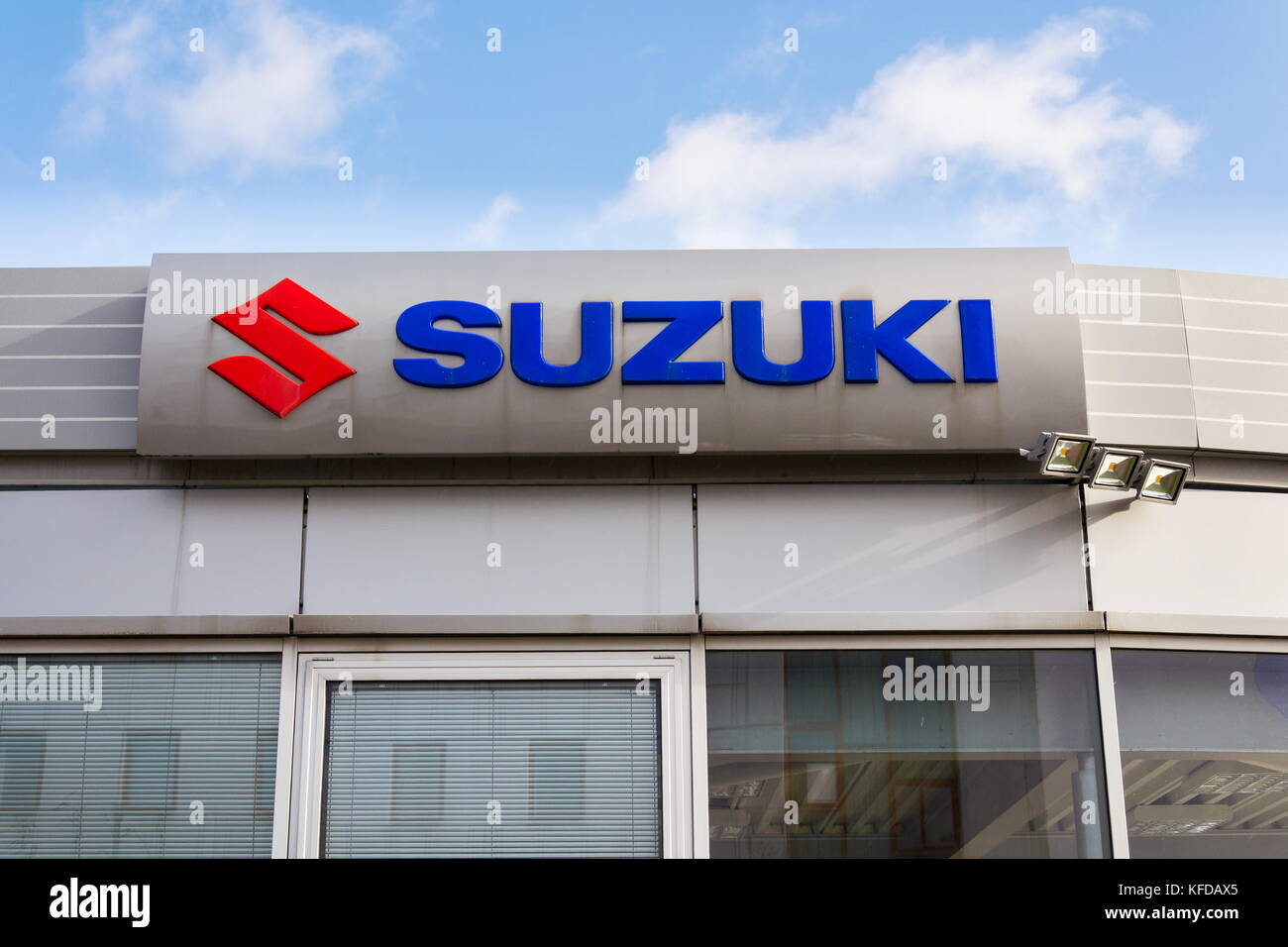 PRAGUE, CZECH REPUBLIC - OCTOBER 27: Suzuki Motor corporation logo on dealership building on October 27, 2017 in Prague. Japanese carmaker is betting  Stock Photo