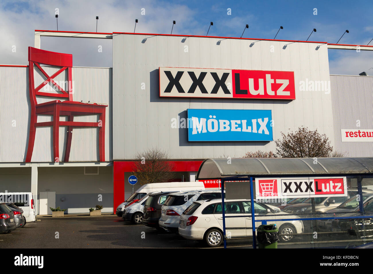 PRAGUE, CZECH REPUBLIC - OCTOBER 27: XXXLutz Mobelix corporation logo on supermarket building on October 27, 2017 in Prague. Stock Photo