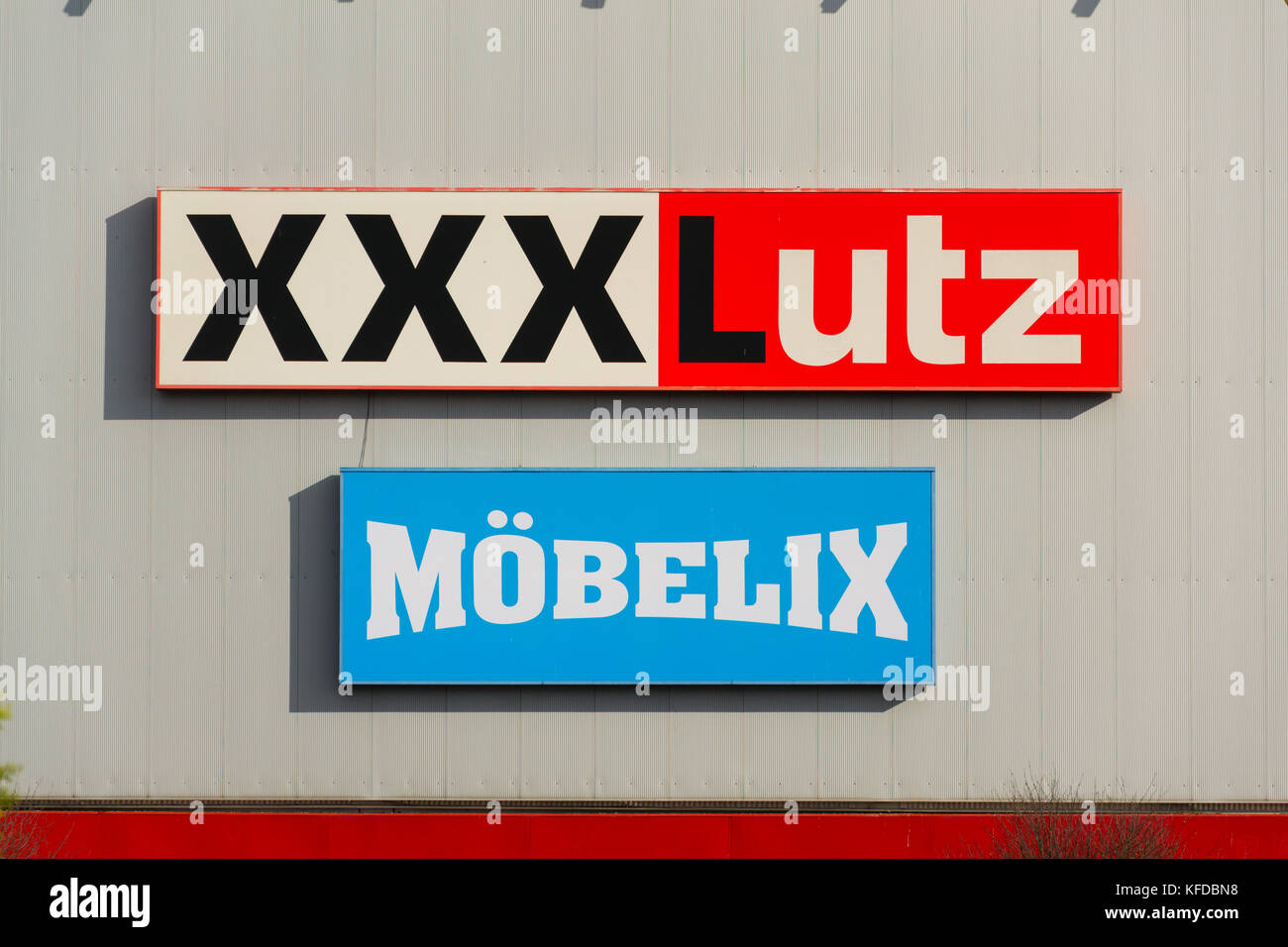 PRAGUE, CZECH REPUBLIC - OCTOBER 27: XXXLutz Mobelix corporation logo on supermarket building on October 27, 2017 in Prague. Stock Photo