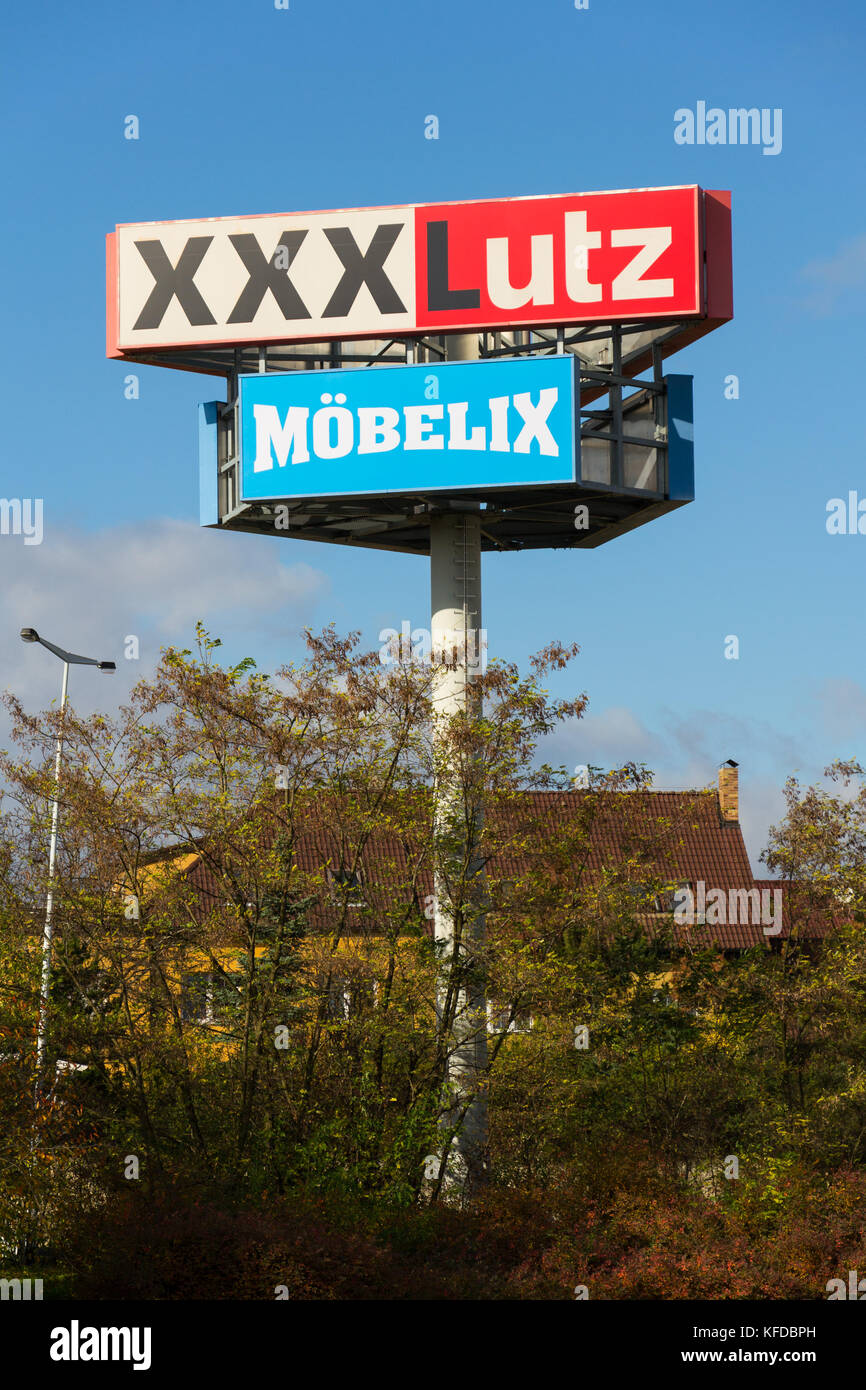 PRAGUE, CZECH REPUBLIC - OCTOBER 27: XXXLutz Mobelix corporation logo on supermarket building on October 27, 2017 in Prague. Stock Photo