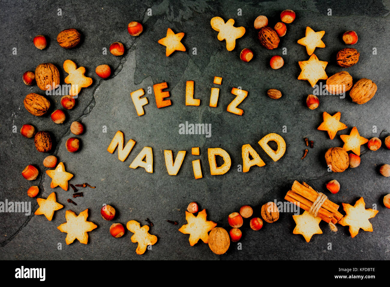 FELIZ NAVIDAD COOKIES. Words Merry Christmas en Spanish with baked