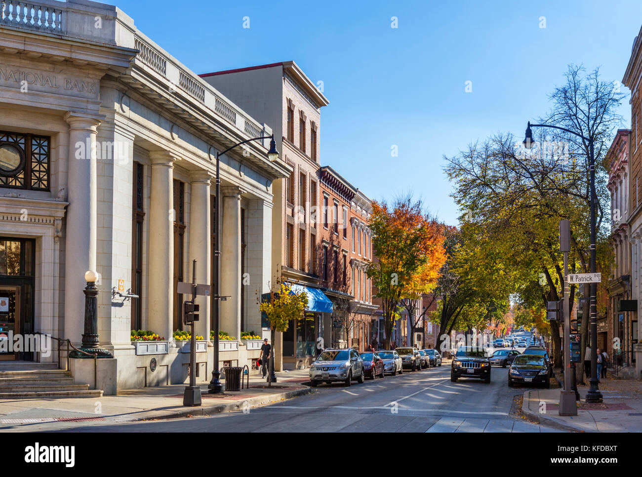 Frederick Square Corner at the intersection of Patrick and Market Streets with Citizens National Bank on the left Frederick, Maryland, USA Stock Photo