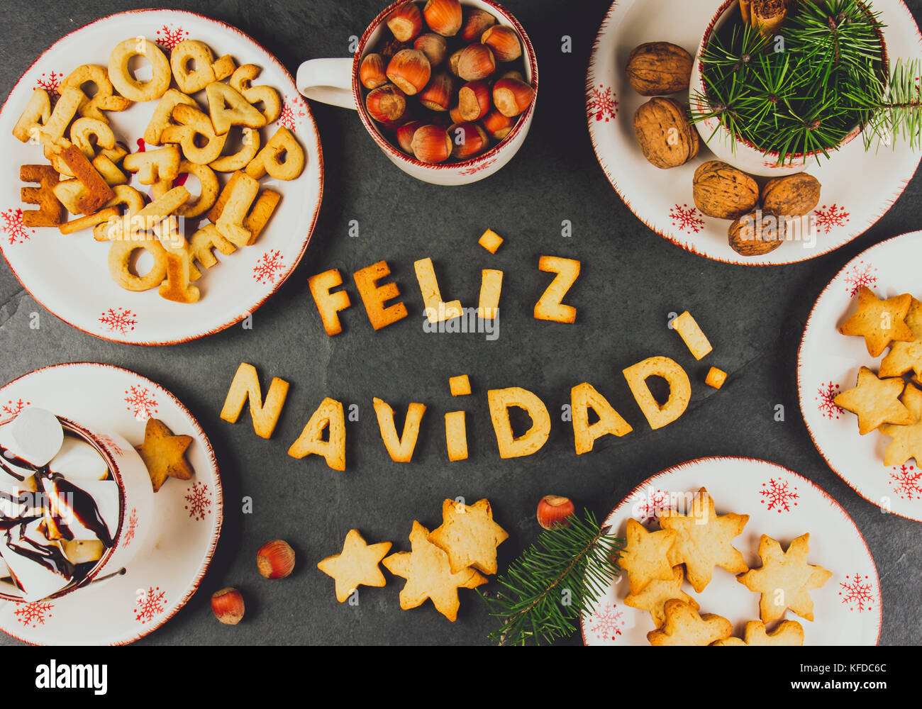 FELIZ NAVIDAD COOKIES. Words Merry Christmas en Spanish with baked