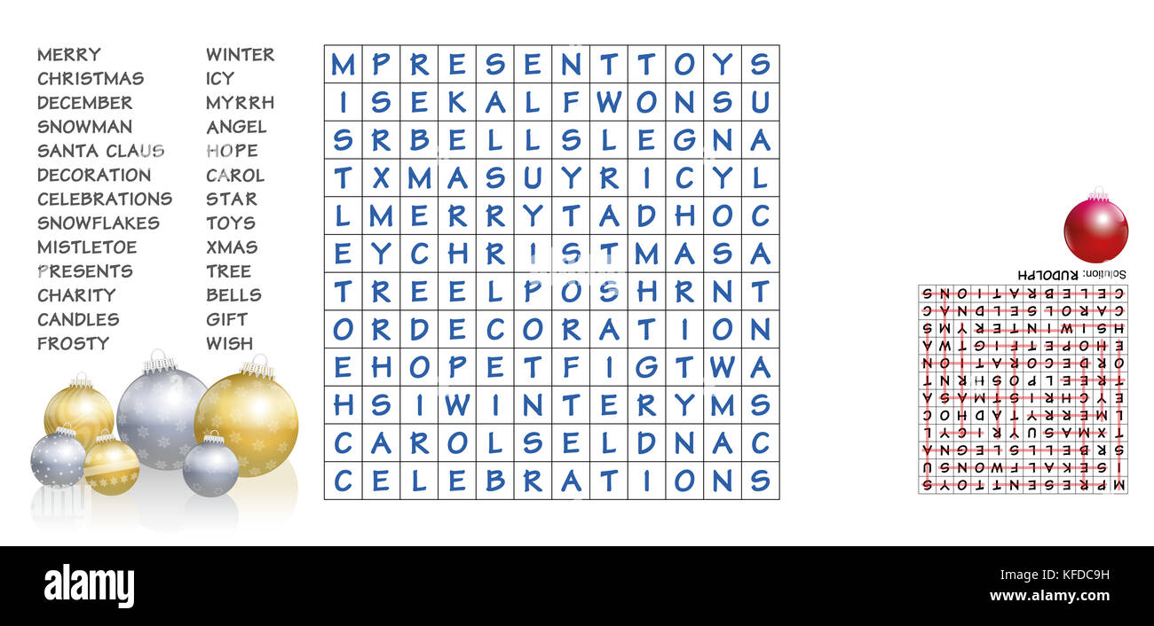 Christmas crossword - find the listed words in the puzzle and cross them out. The eight leftover letters will spell out an important character. Stock Photo