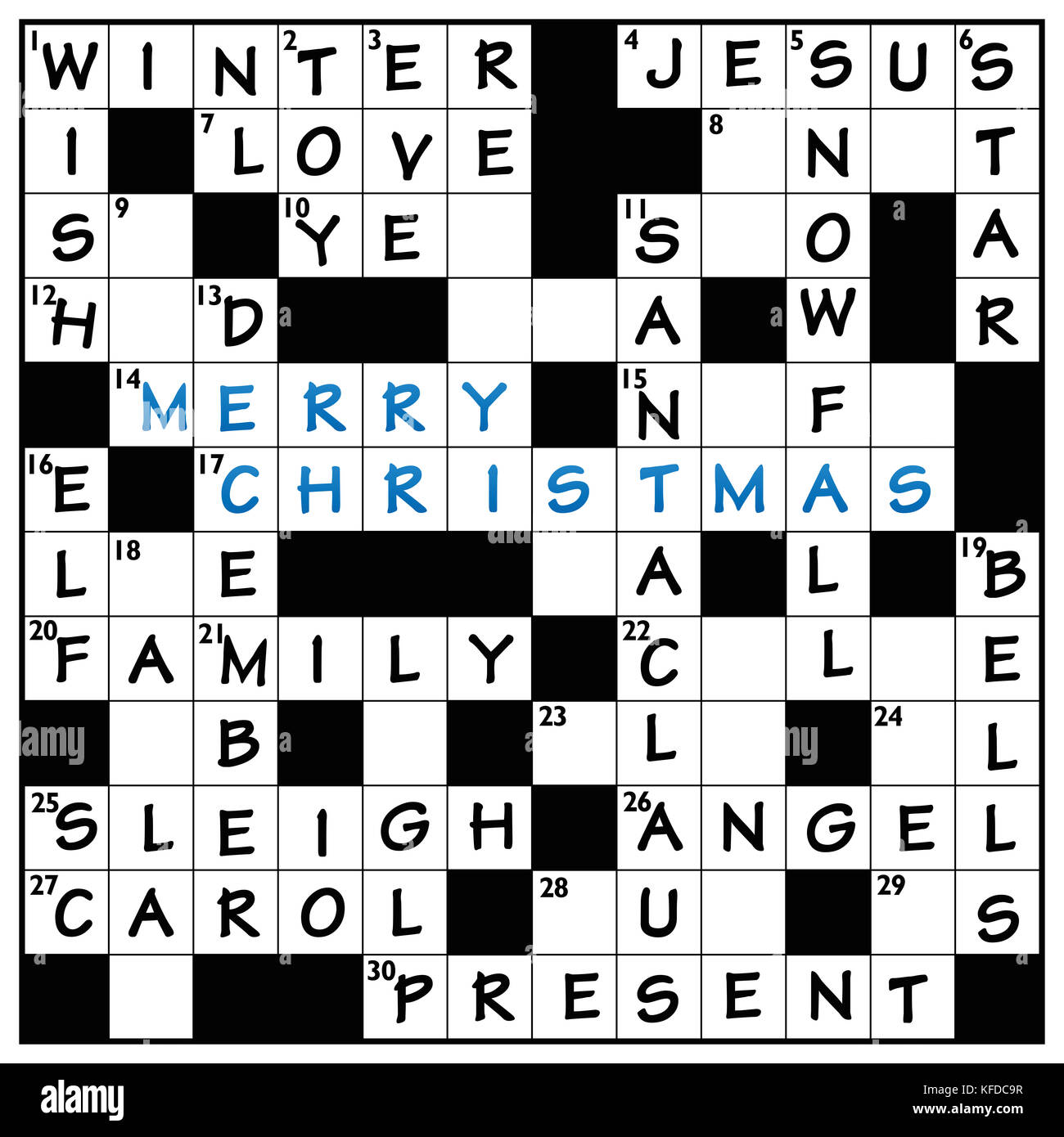 Christmas crossword cloud puzzle with typical words like winter, sleigh, angel, snowfall, Santa Claus and MERRY CHRISTMAS in the middle. Stock Photo