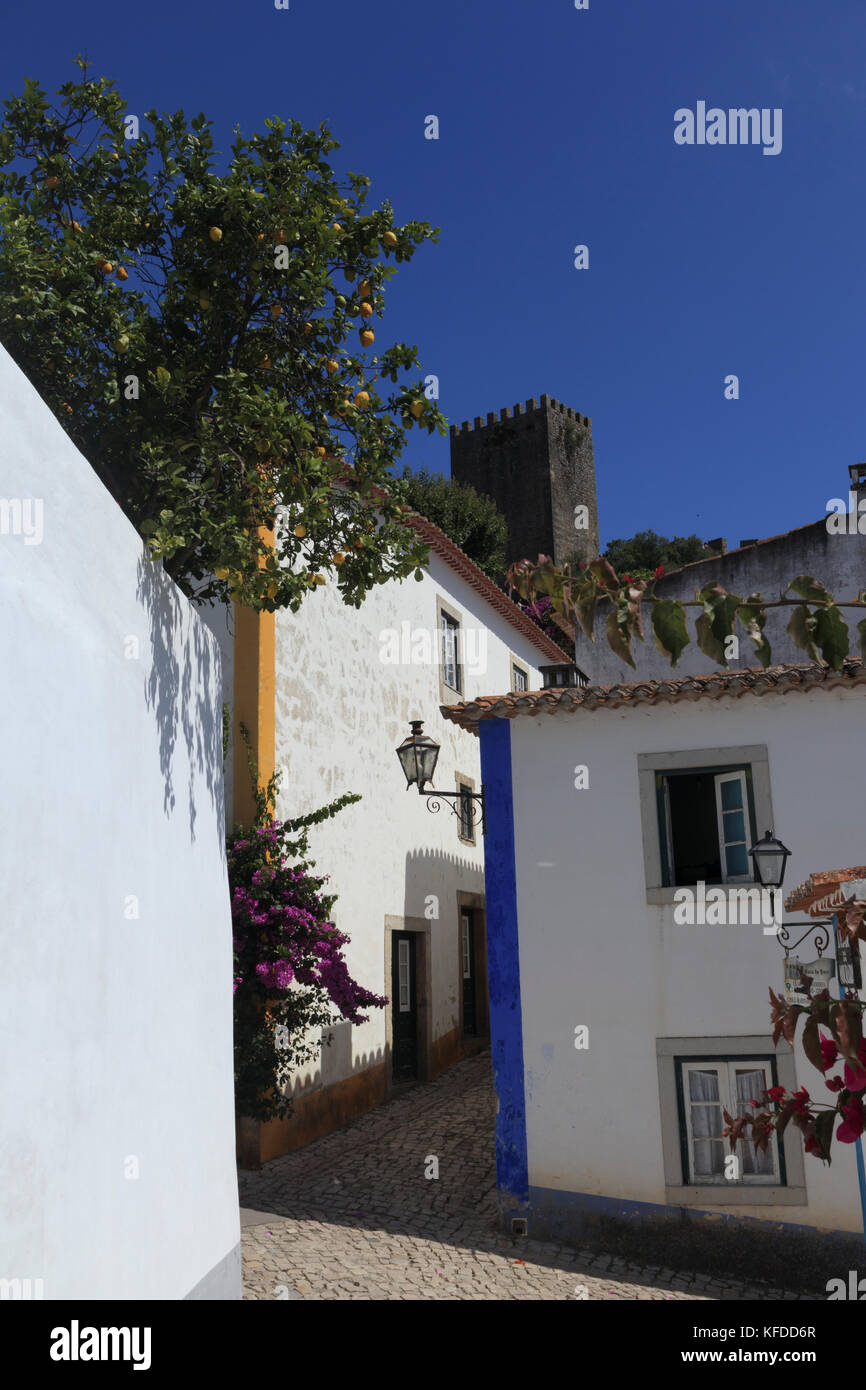 Blue skies and a lemon tree overhanging the narrow cobbled streets of the medieval town of Obidos, Portugal. The castle tower in the background. Stock Photo