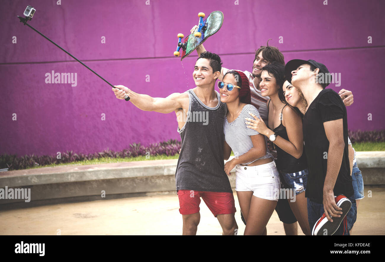 Group of young people posing for a selfie. Stock Photo
