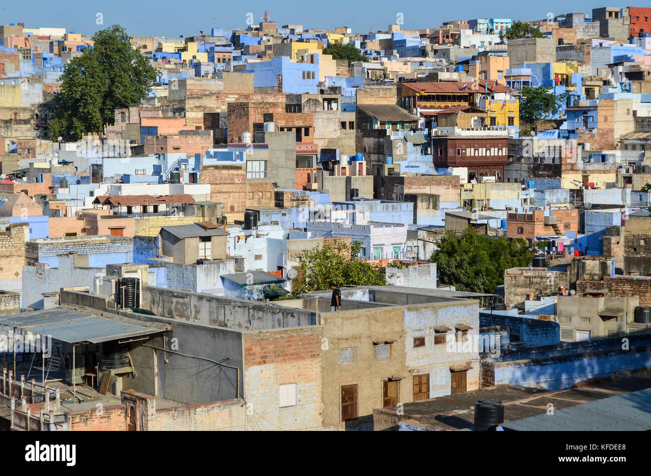 Cityscape of Jodphur with traditional indigo blue and white painted houses. Stock Photo