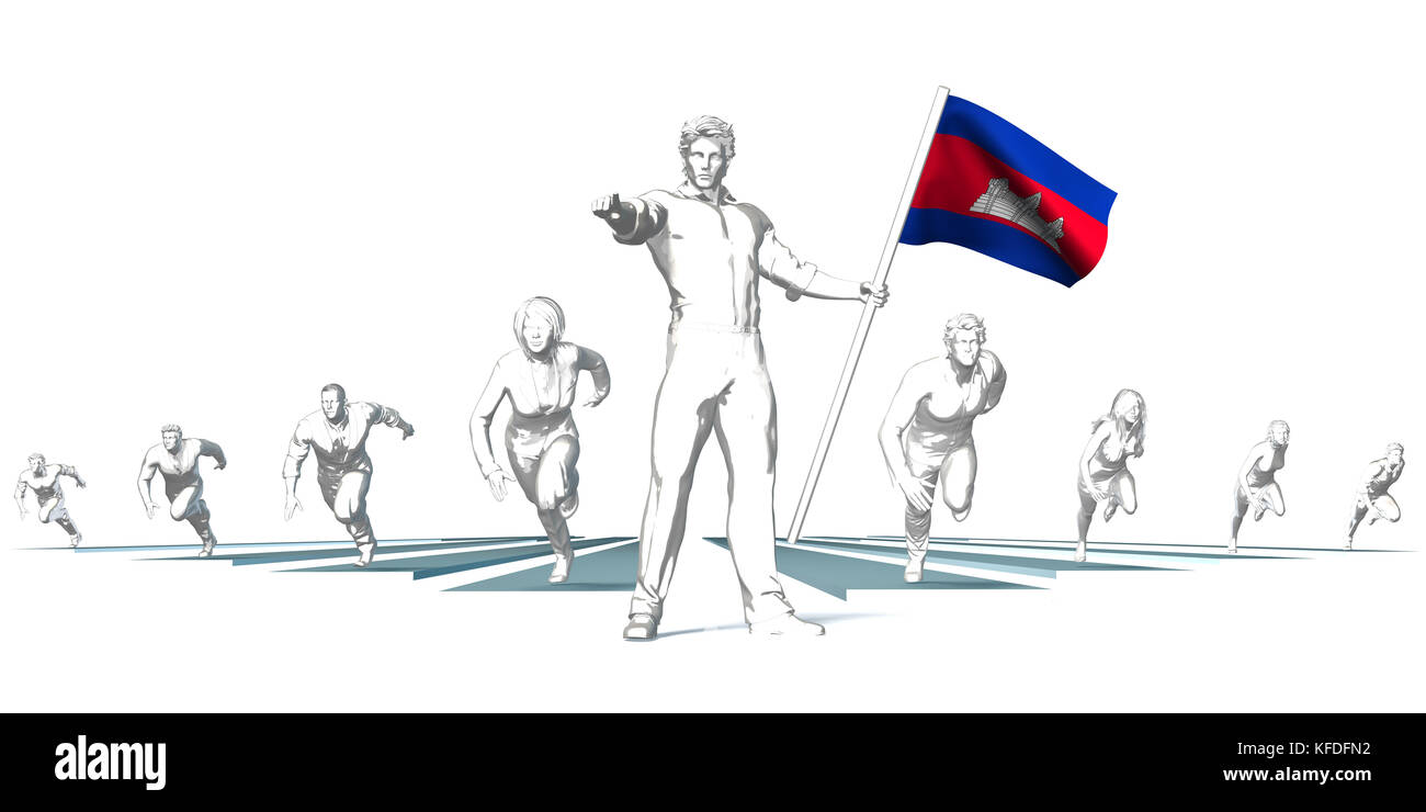 Cambodia Racing to the Future with Man Holding Flag Stock Photo