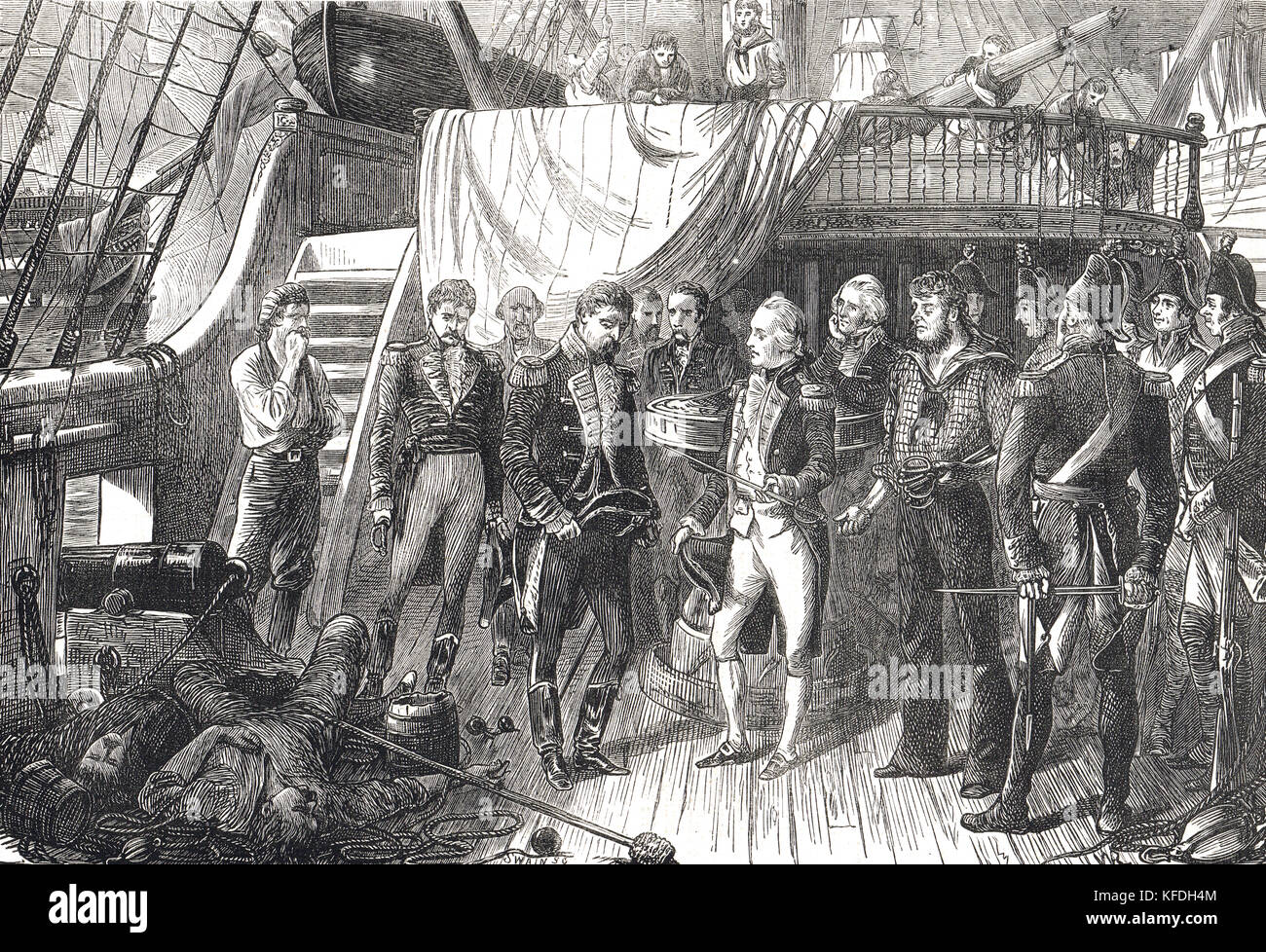 Horatio Nelson, accepting the surrender, receiving the sword of the Spanish captain of The San Josef, Battle of Cape St Vincent, 1797 Stock Photo