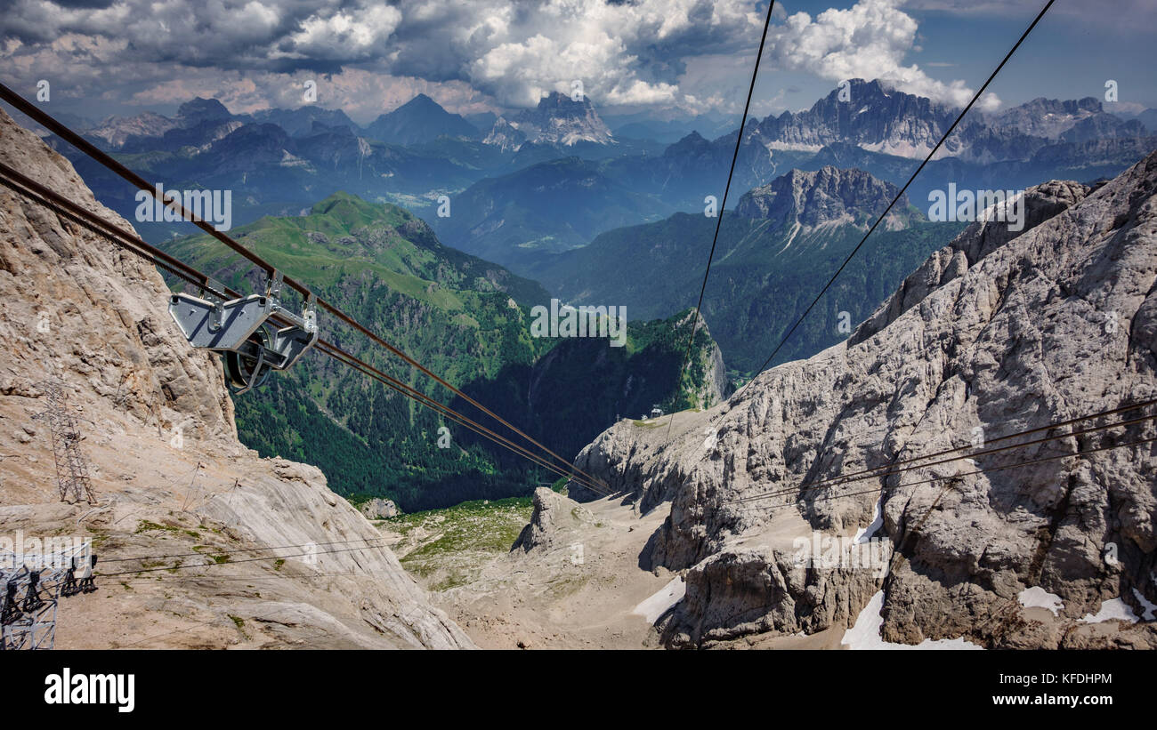 Cable car cables and wheels against steep ascent, Marmolada Peak Stock