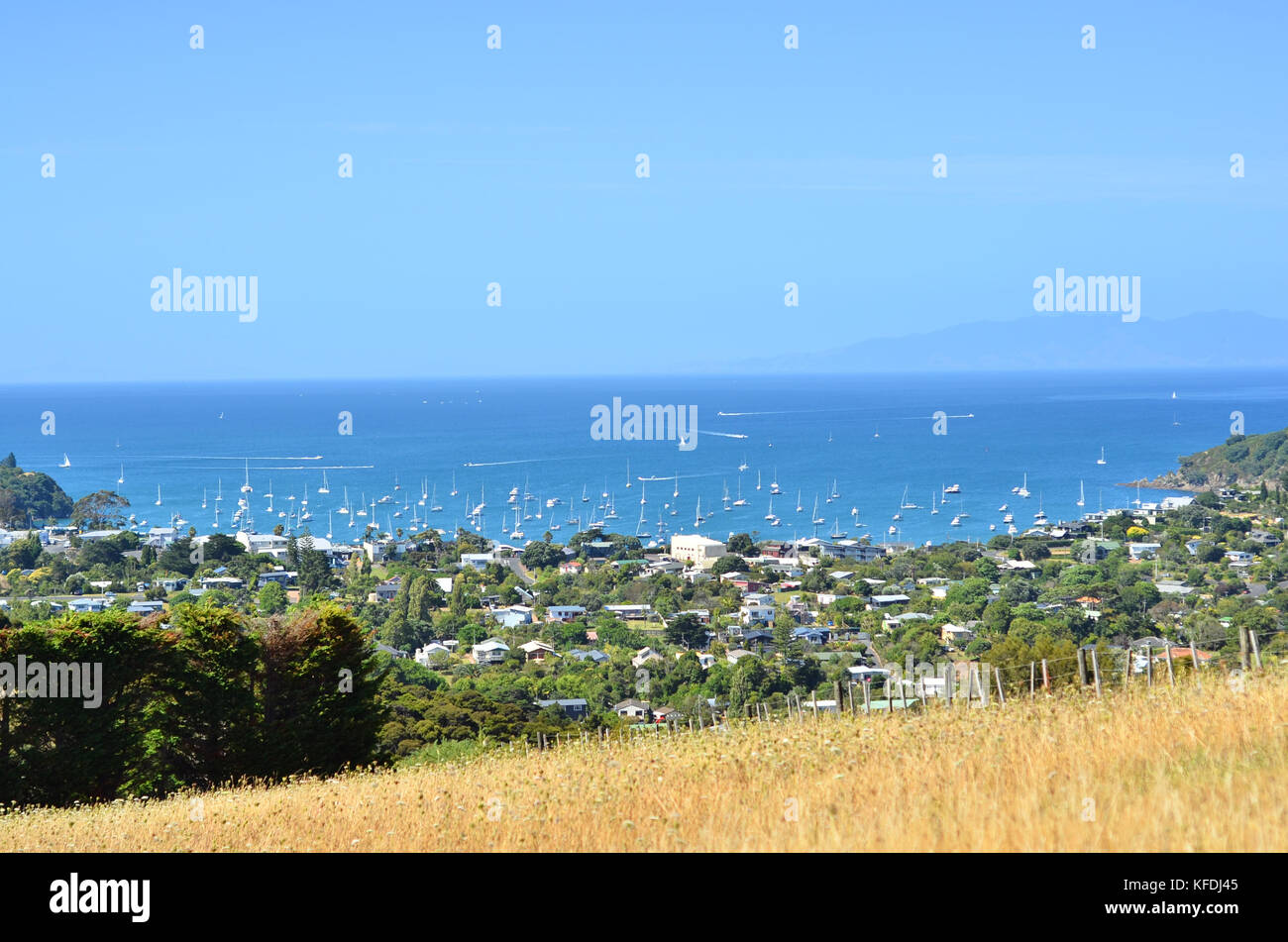 Seascape of boats in Oneroa beach bay, Waiheke Island, Hauraki Gulf, New Zealand Stock Photo