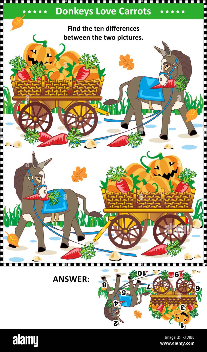 Visual Puzzle Find The Ten Differences Between The Two Mirrored Pictures With Donkey And Wagon Full Of Pumpkins And Carrots Answer Included Stock Vector Image Art Alamy