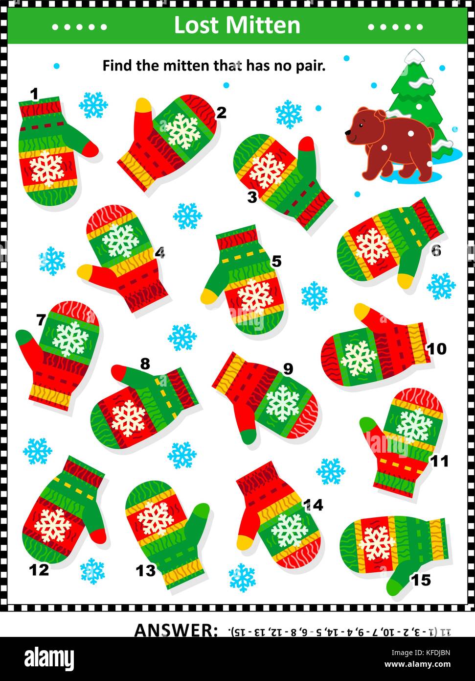 Winter, Christmas or New Year themed visual puzzle (suitable both for kids and adults): Find the mitten that has no pair. Answer included. Stock Vector