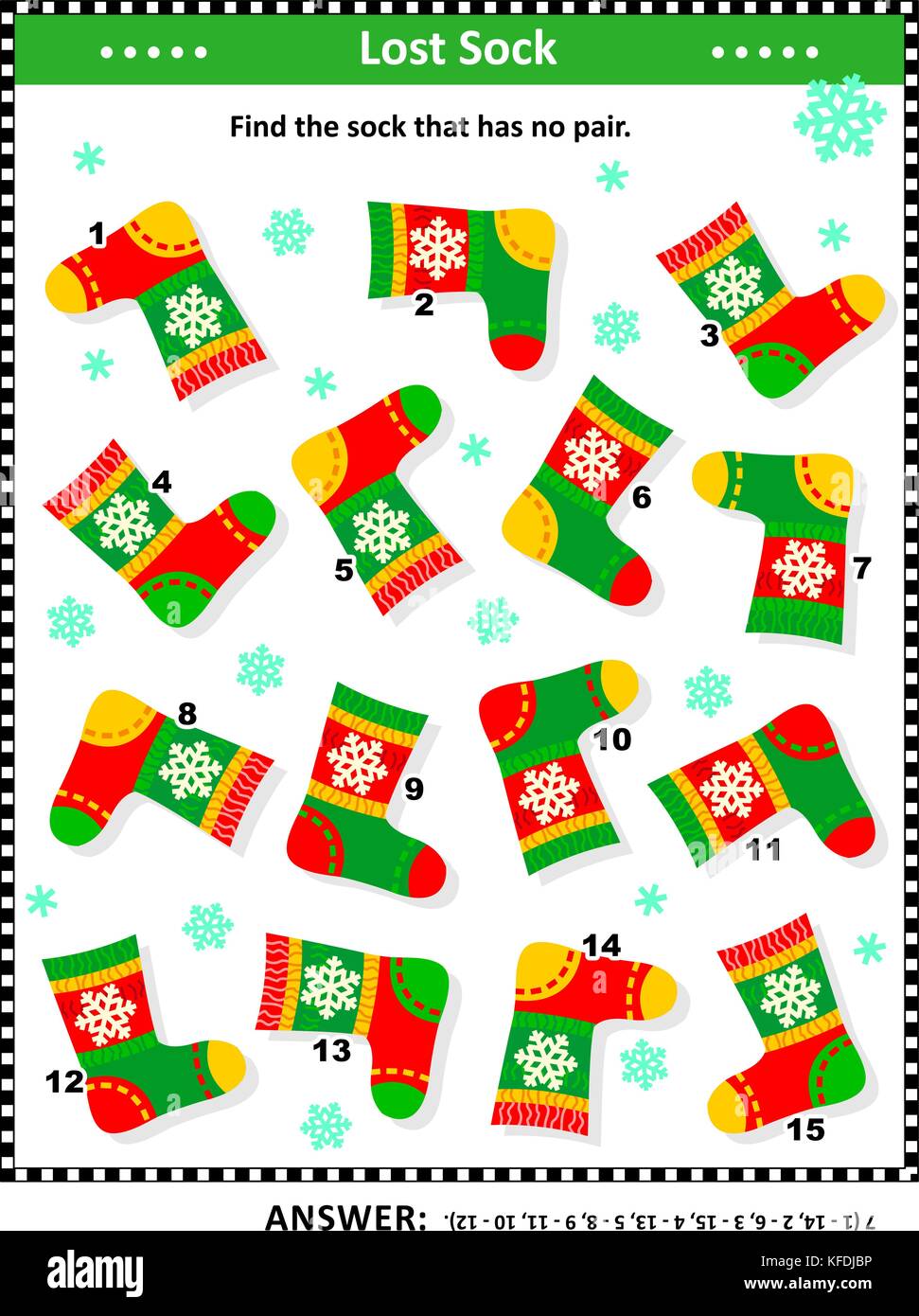 Winter, Christmas or New Year themed visual puzzle (suitable both for kids and adults): Find the sock that has no pair. Answer included. Stock Vector