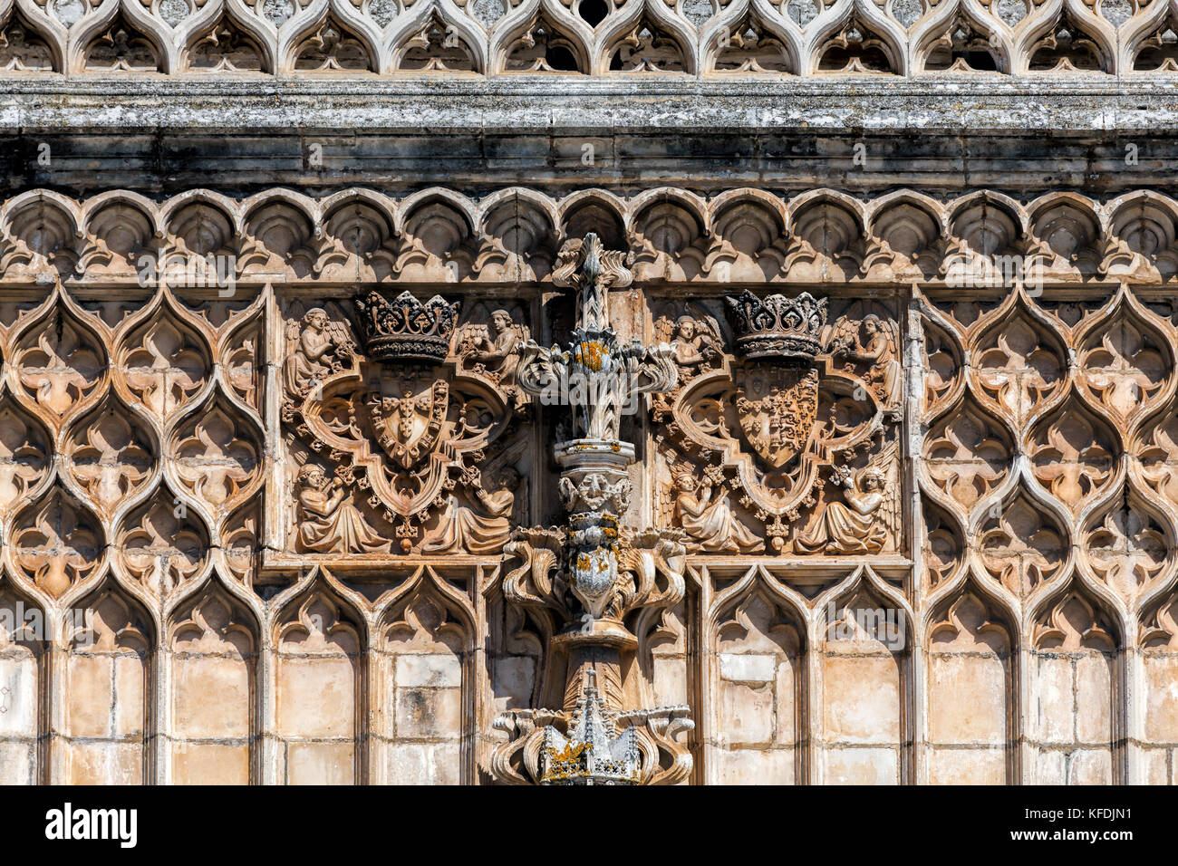Details of the facade of the 14th century Batalha Monastery in Batalha, Portugal, a prime example of Portuguese Gothic architecture Stock Photo