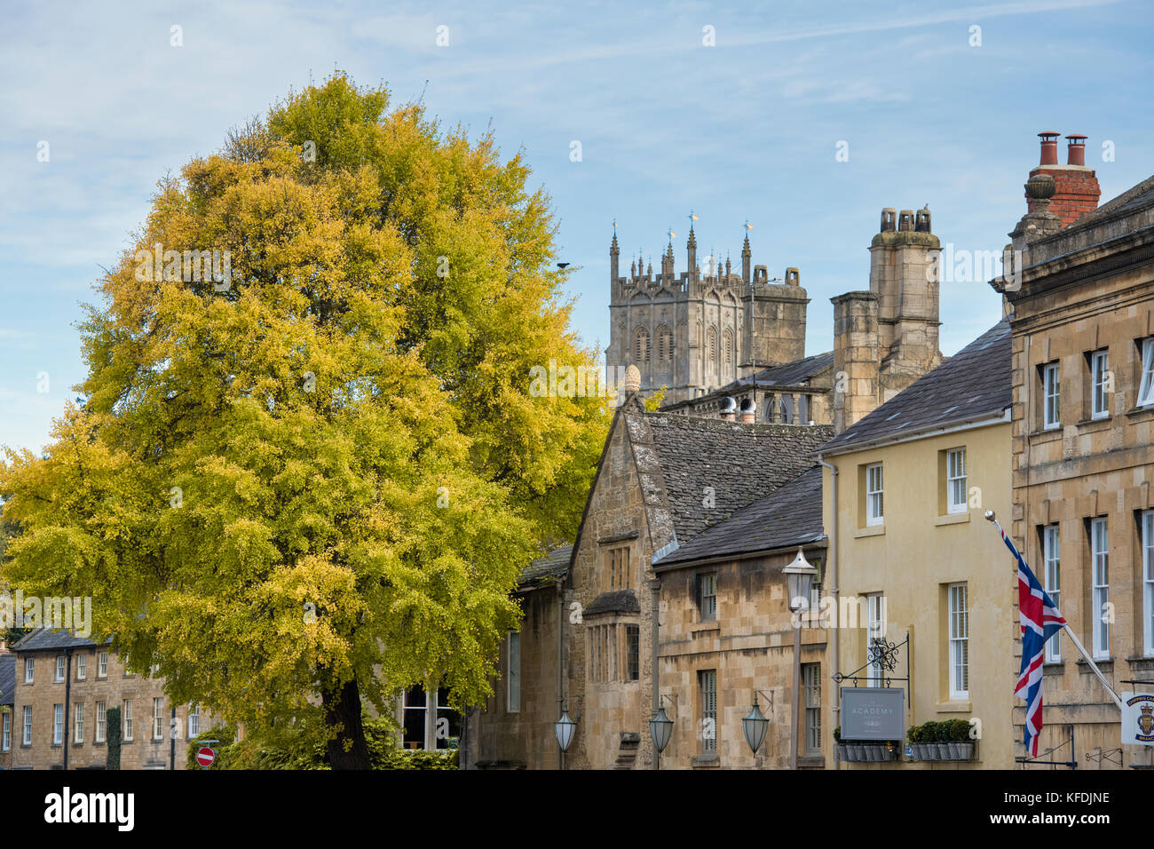 Autumn tree and buildings in the high street. Chipping Campden, Gloucestershire, Cotswolds, England Stock Photo