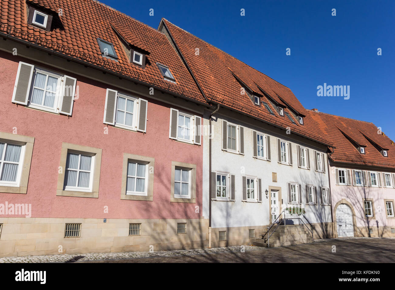 Pink and white houses at the Domhof square in Hildesheim, Germany Stock