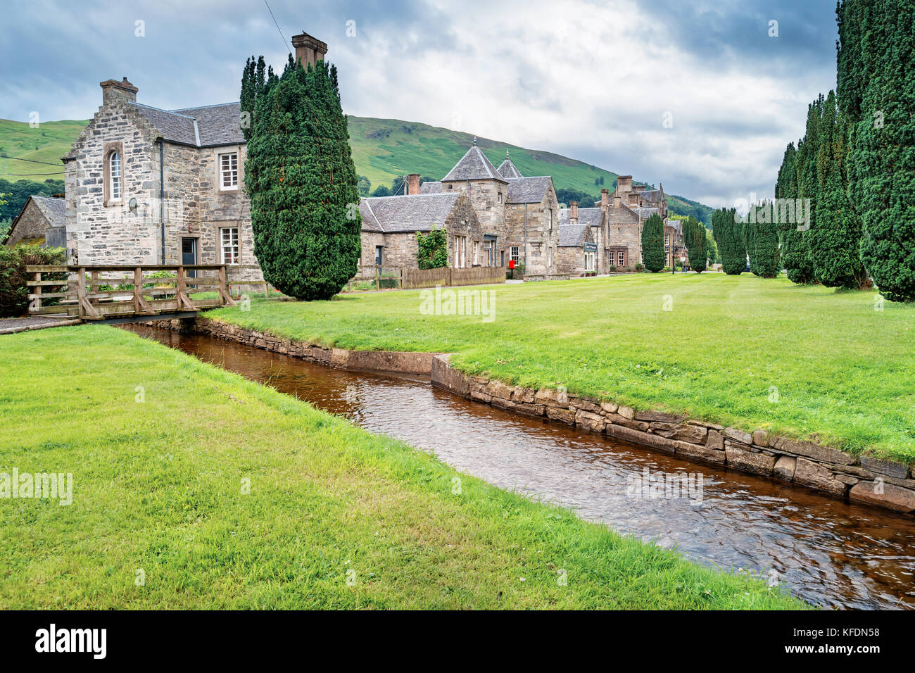 Row of stone houses in the town of Blair Atholl, part of Cairngorms National Park in Perthshire, Scotland, UK. Stock Photo