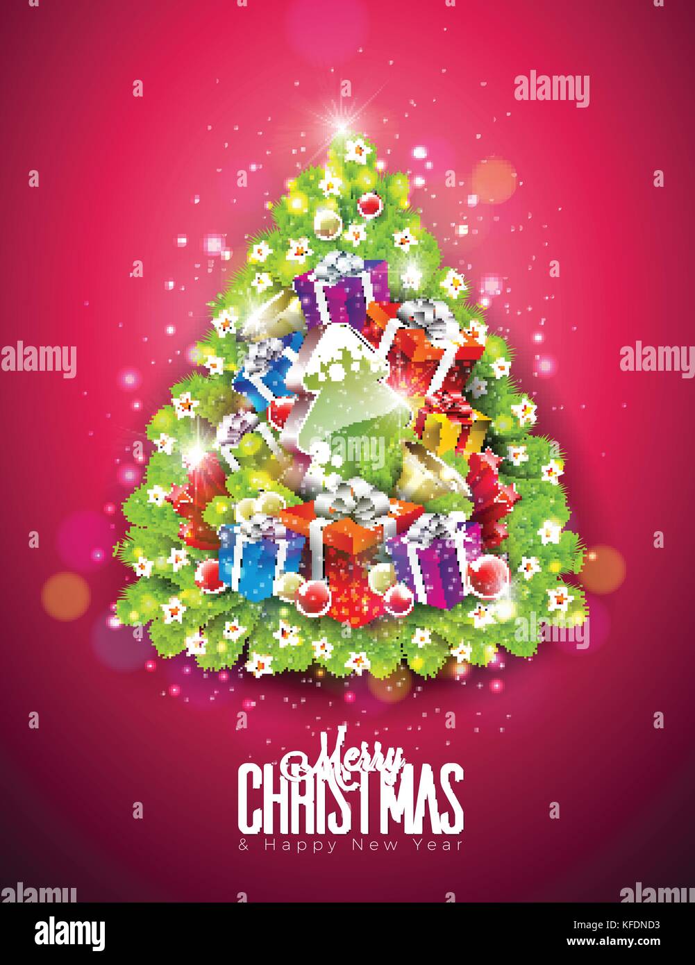 Vector Merry Christmas Illustration on Shiny Red Background with ...