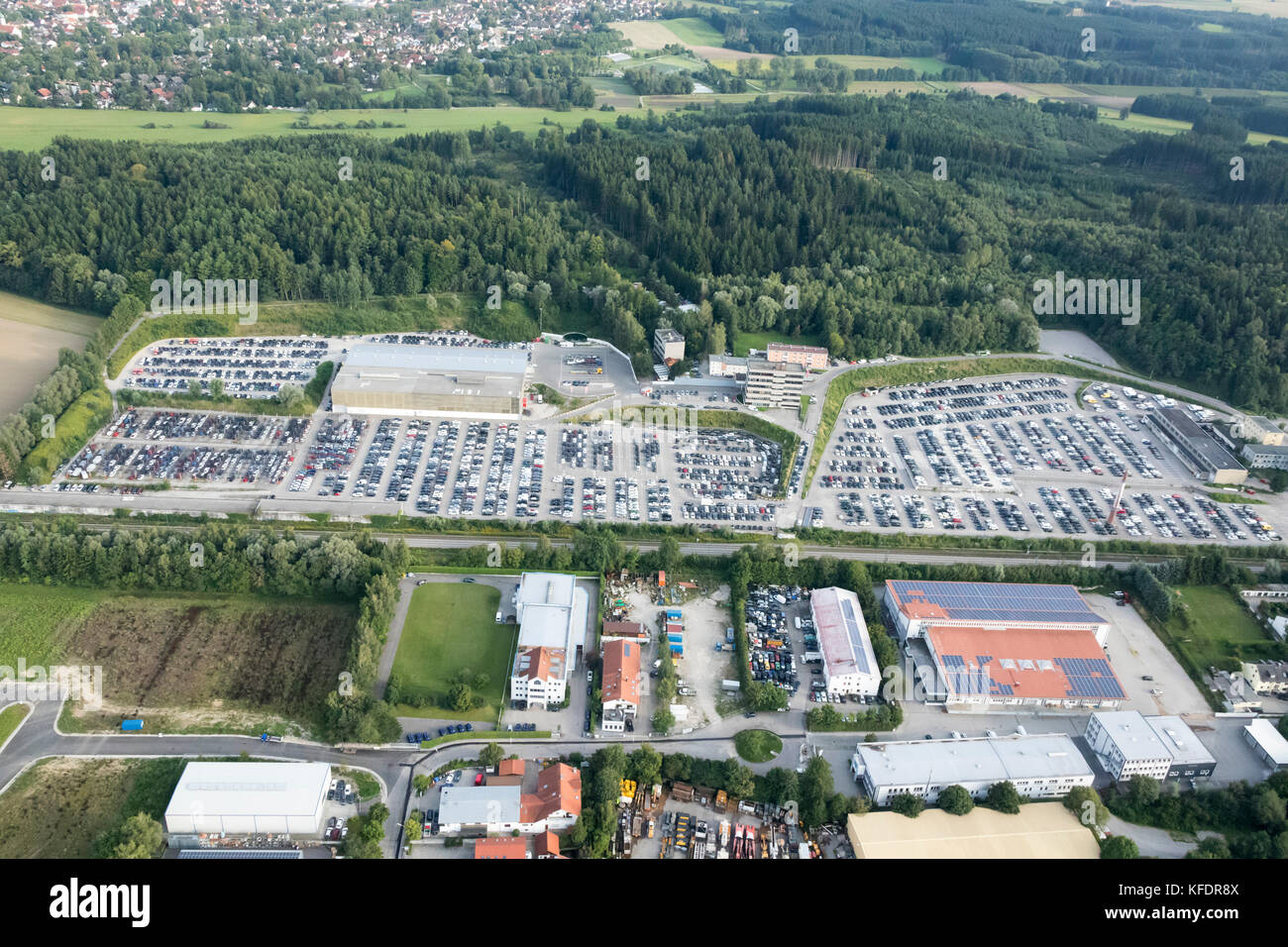 aerial view of Gewerbe-und Industriegebiet , Commercial and industrial area, Reginawerk, Emmering, Bavaria, Germany Stock Photo
