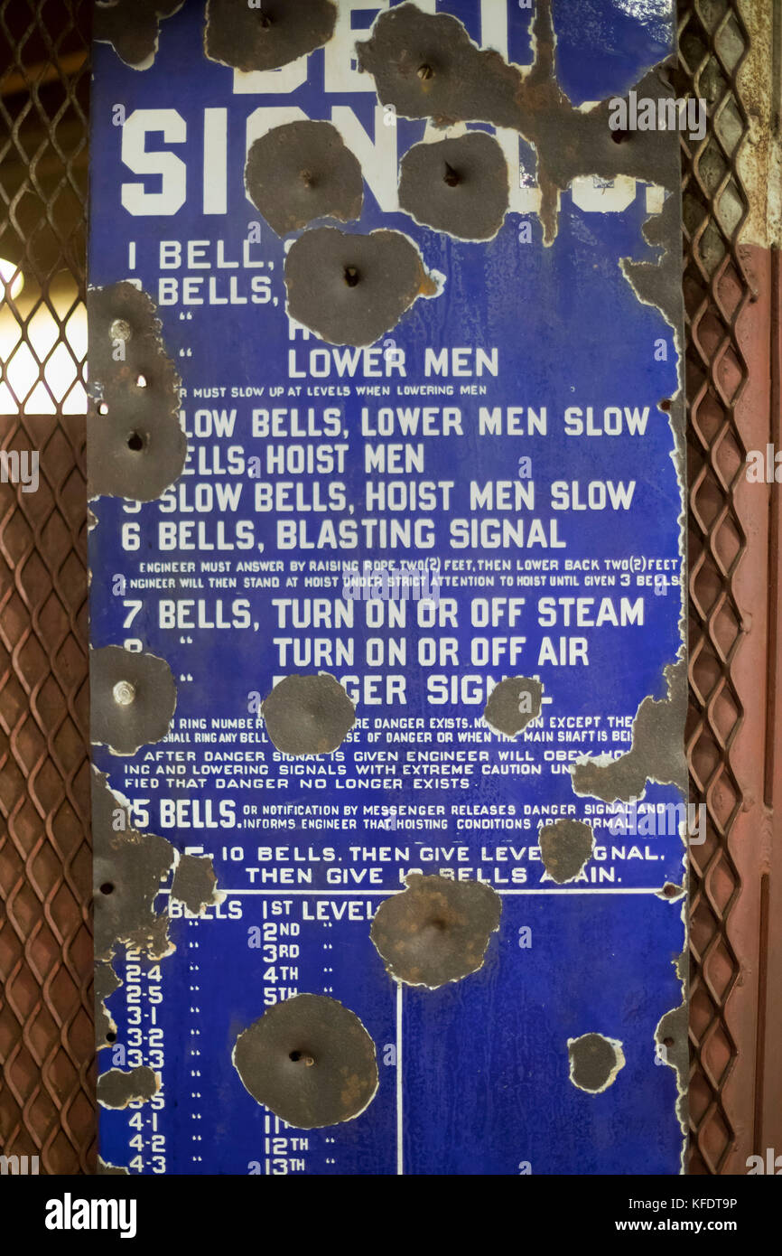 Ishpeming, Michigan - A bell signal chart for mine operations at the Cliffs Shaft Mining Museum. The museum preserves the historic Cliffs Shaft iron o Stock Photo