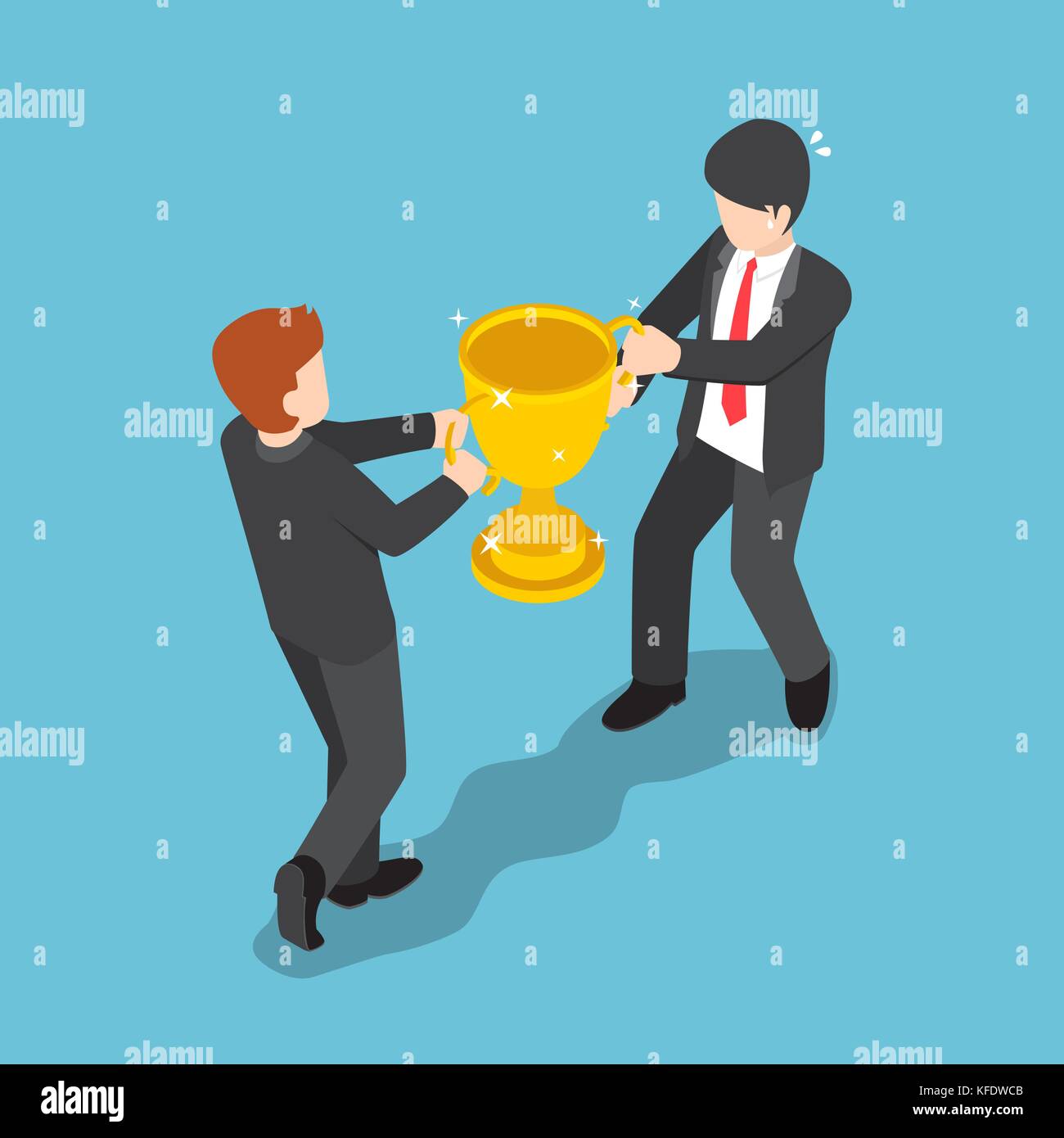 Flat 3d isometric two businessmen fighting for winner trophy. Business competition concept. Stock Vector