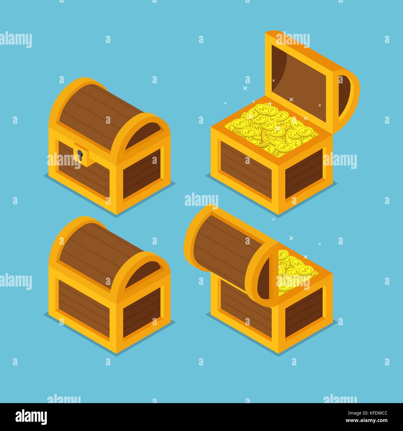 Flat 3d isometric open and closed wooden treasure chests. Stock Vector