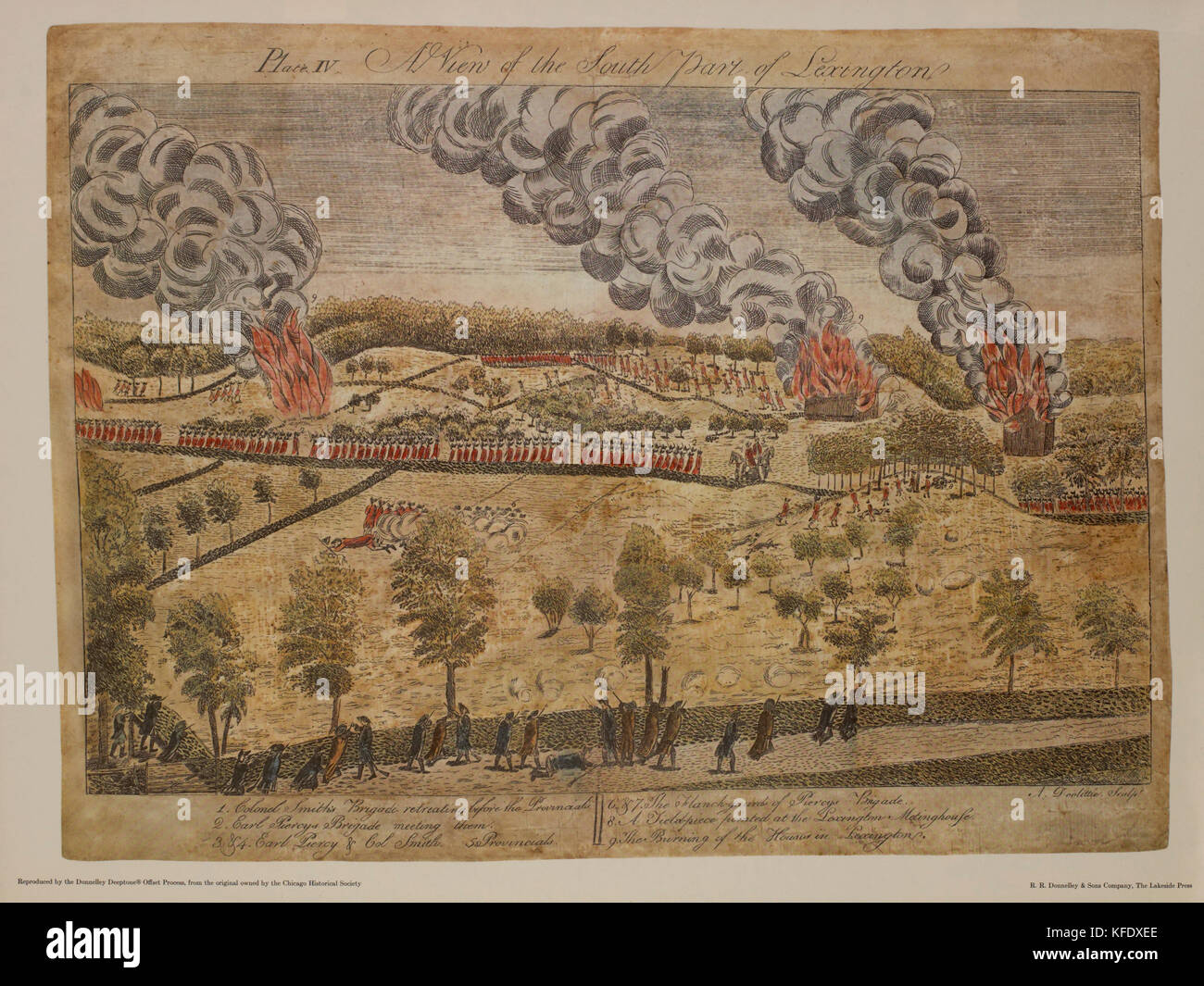 A View of the South Part of Lexington, Plate IV, by Ralph Earl, 1775, Hand-Colored Etching and Engraving by Amos Doolittle, Printed by R. R. Donnelley & Sons Company Stock Photo