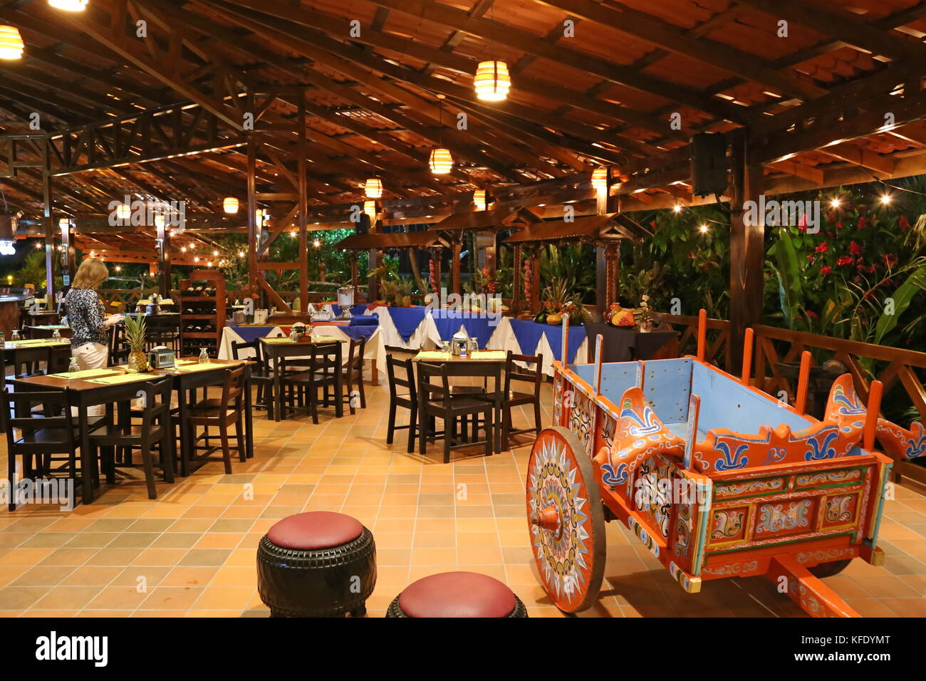Oxcart at Hotel la Pradera del Arenal restaurant, Ruta 142, La Fortuna, Alajuela province, Costa Rica, Central America Stock Photo