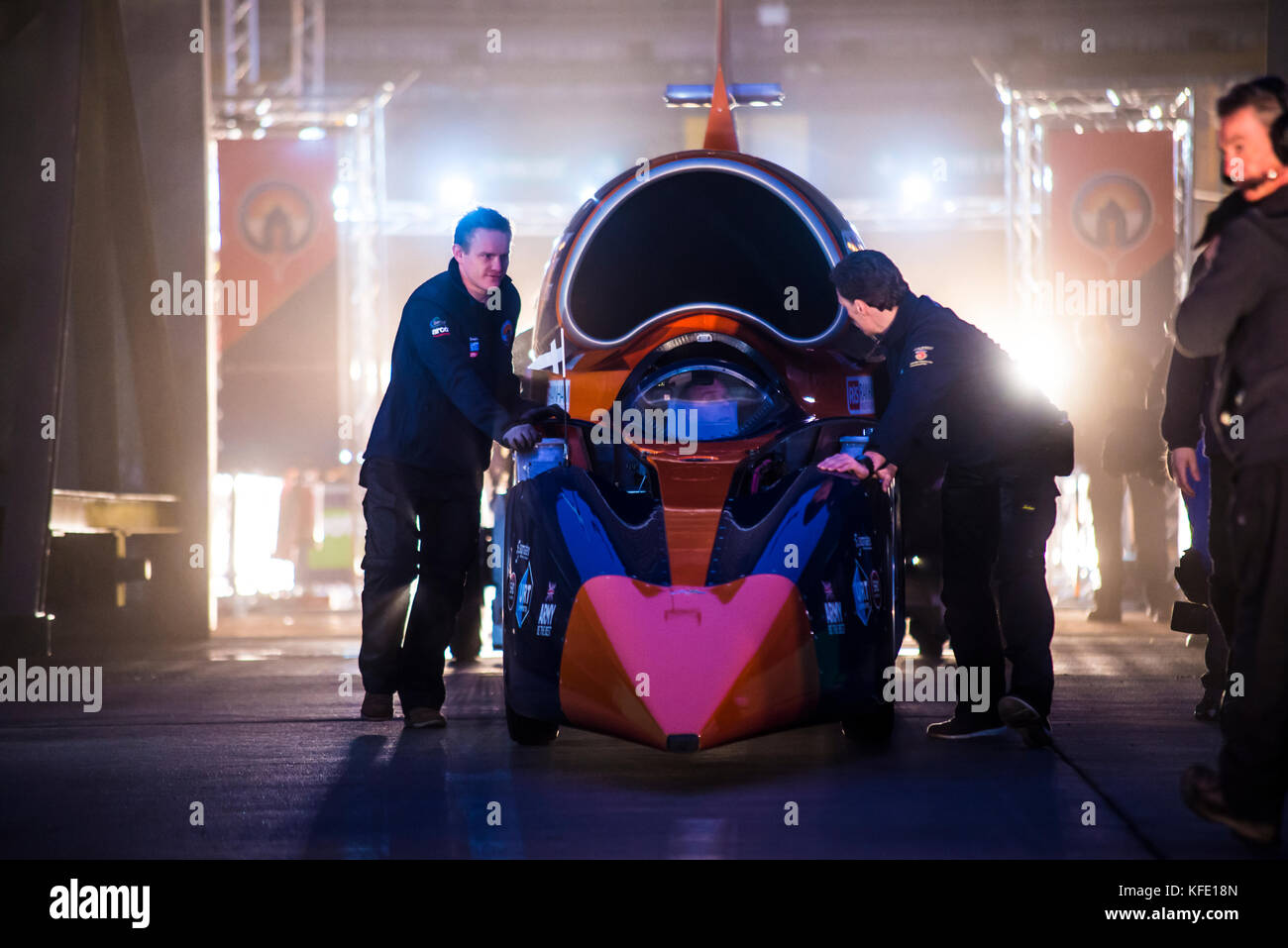 Bloodhound SSC supersonic car being rolled out of a hangar for the world media before testing at Cornwall Airport Newquay Stock Photo