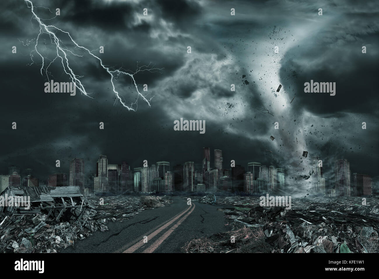 3D illustration of tornado or hurricane's detailed destruction along its path toward fictitious city with flying debris and collapsing structures. Con Stock Photo