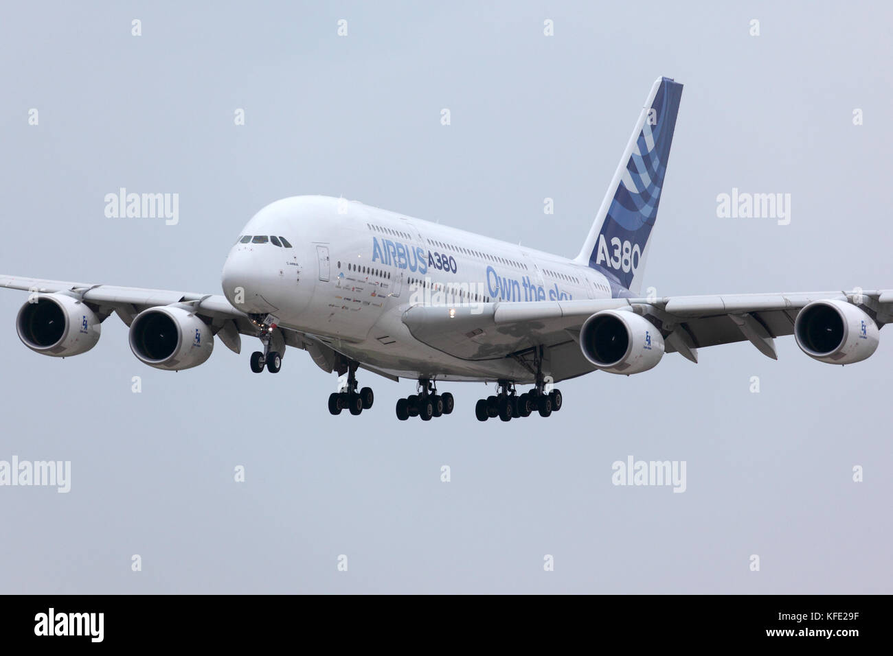 Zhukovsky, Moscow Region, Russia - August 30, 2013: Airbus Industrie A380 F-WWDD modern civil airliner landing after a demo flight in Zhukovsky during Stock Photo